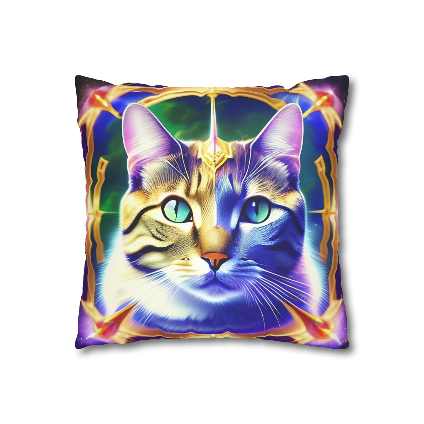 Divine Arts Faux Suede Double-Sided Square Pillow Case - Fantasy Galaxy Space Cat Lover  Large Close Up View of the Face of a Male Brown Tabby Cat with Green Eyes and Green Aura From Weilding the Merkaba Pillow Cover in Four Sizes