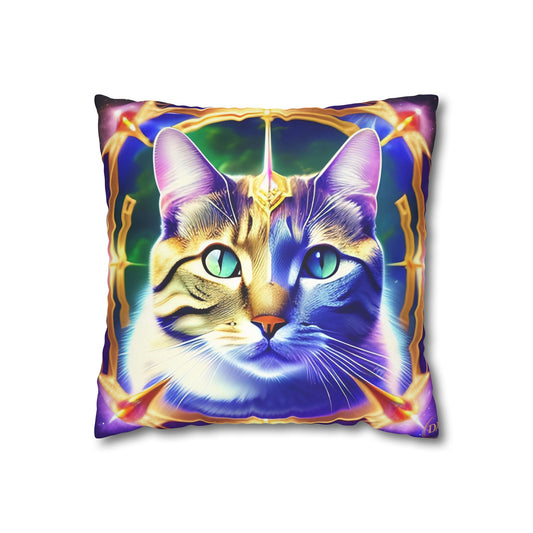 Divine Arts Faux Suede Double-Sided Square Pillow Case - Fantasy Galaxy Space Cat Lover Male Gray & Brown Tabby Cat with Green Eyes with Blue, Green & Orange Aura and Ornate Light Blue and Purple Crystal Collar Merkaba Pillow Cover in Four Sizes