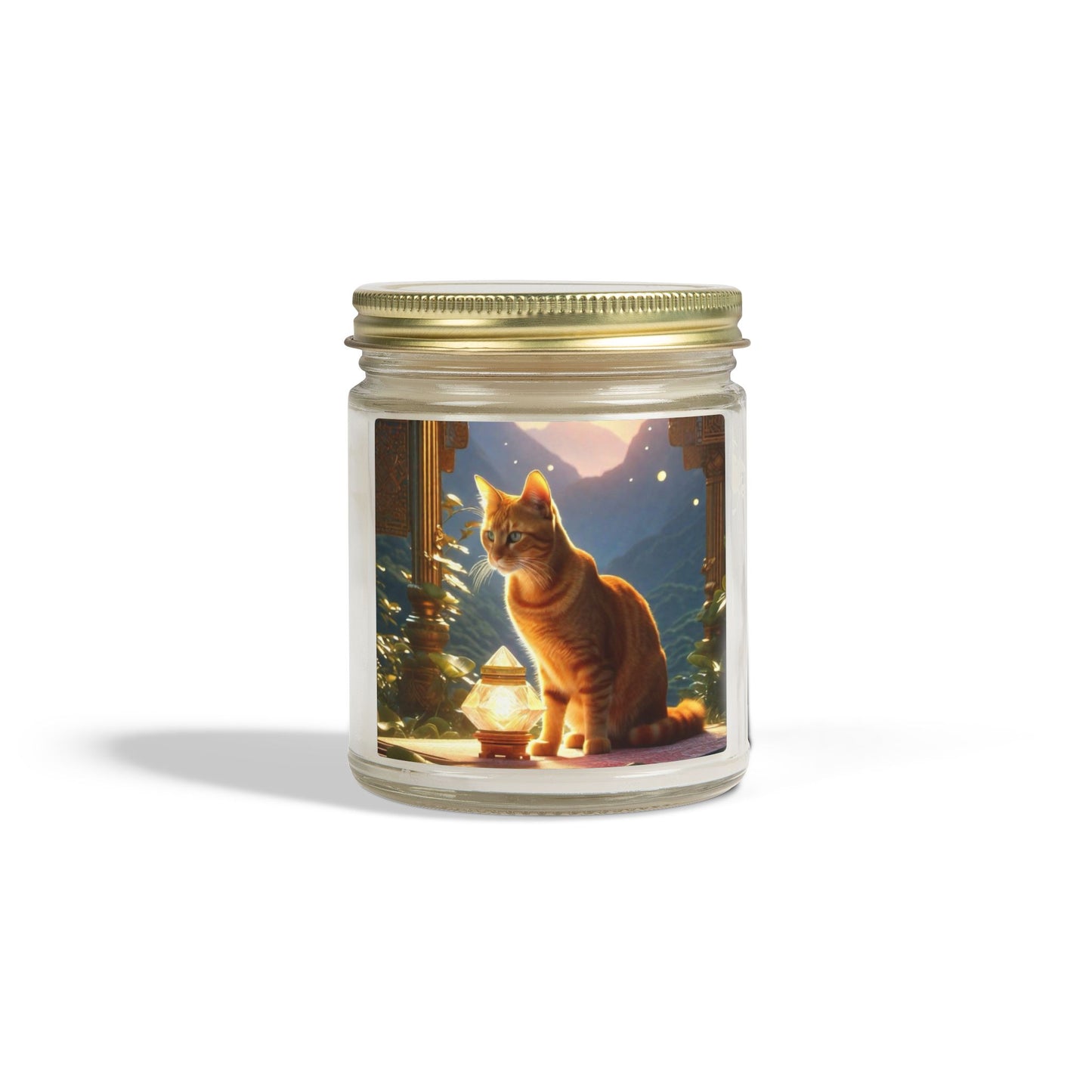 Premium Coconut Apricot Wax Scented Candles, Various Floral & Spice Fragrances (4oz), Spiritual Christmas Holiday Cat Lover Pet Gift, Ginger Tabby Cat Buddhist Diamond Sutra Temple Art, by Divine Arts