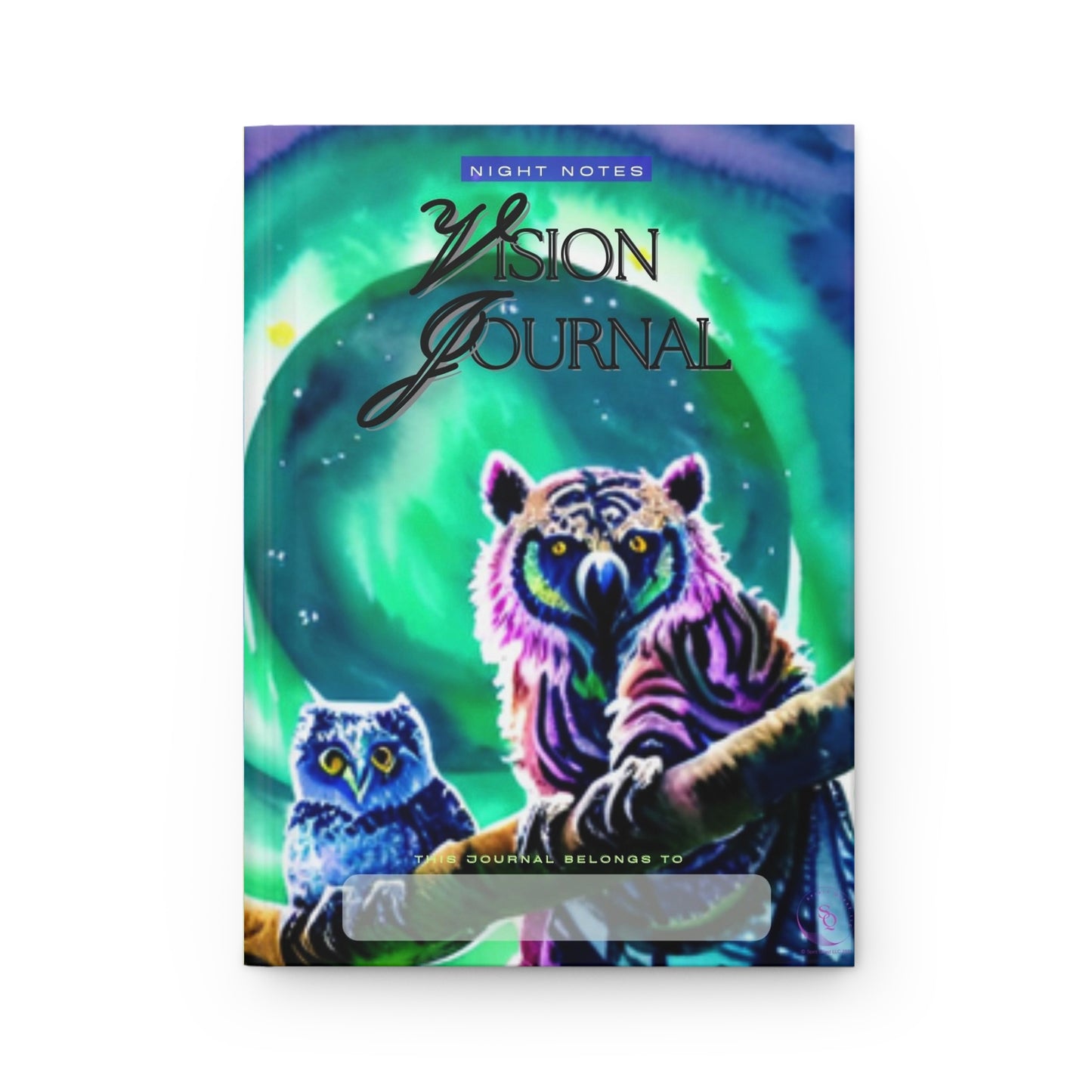 Divine Arts Hardcover Journal Notebook Stationery Matte Ruled Line Laminate Coating Wraparound Art - Fantasy Green and Blue Watercolor of Tree Owl Pair Centered in a Large Circular Green and Purple Aurora Borealis Sky Front and Back Cover Art