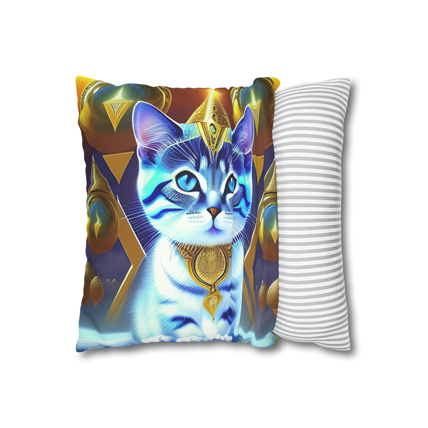 Divine Arts Faux Suede Double-Sided Square Pillow Case in Four Sizes - Fantasy Galaxy Space Cat Lover Male Gray and White Tabby Kitten with Blue Eyes in Golden Merkaba Chamber Wielding the Merkab