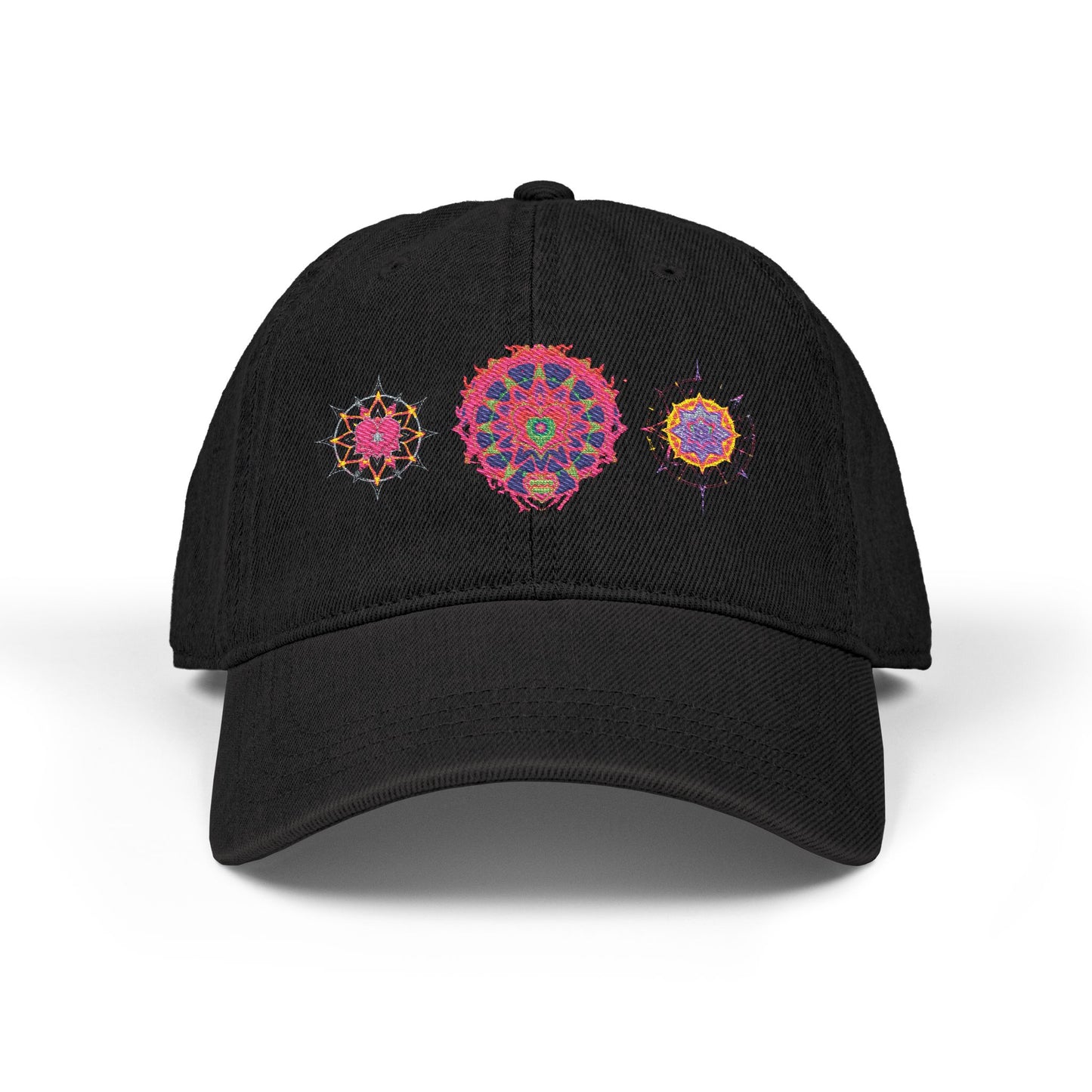 Denim Cap (Embroidery), 100% Cotton, Three Unique Embroidery Merkabas, Neon Galaxy Starry Light, Lotus Jewel Design by Divine Arts