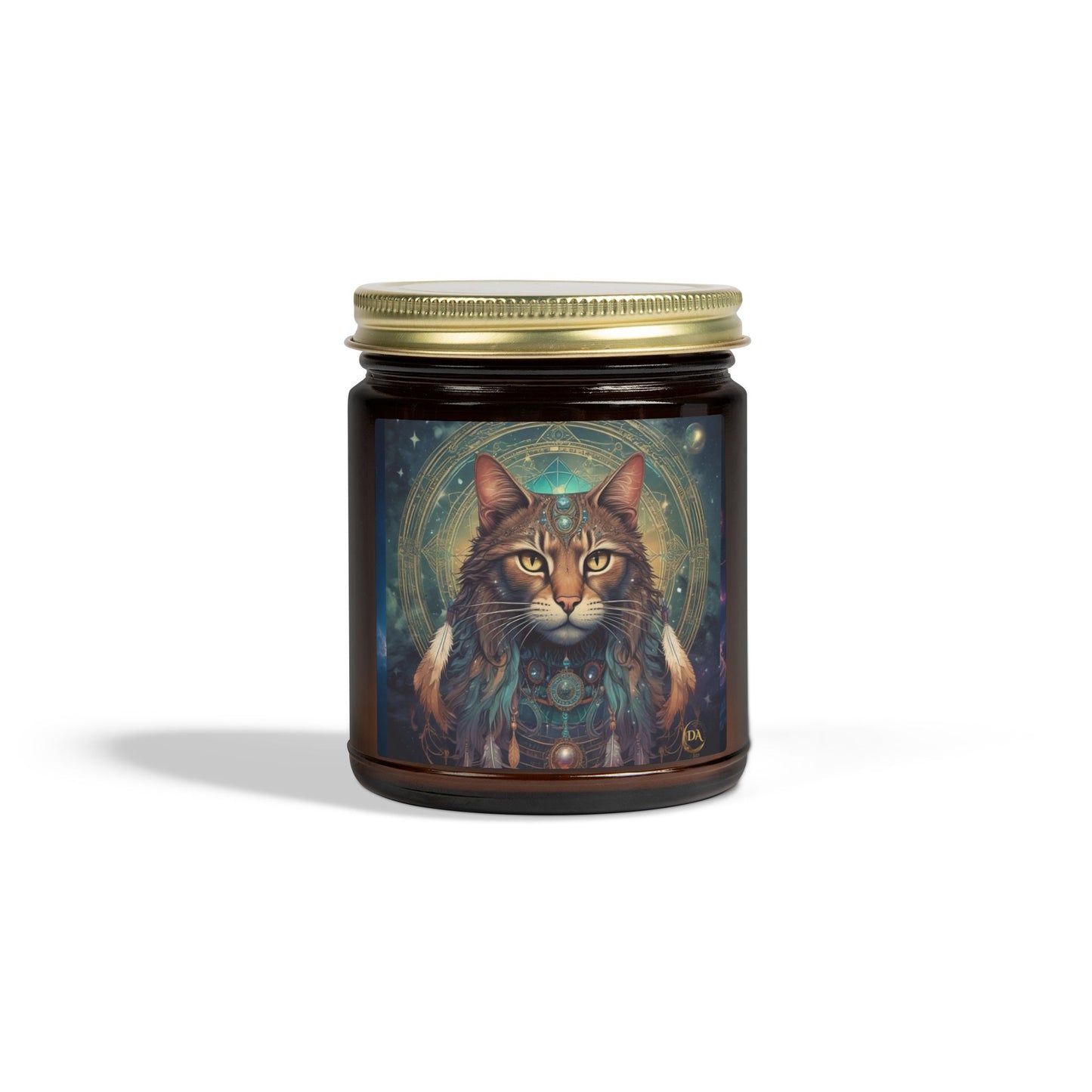 Premium Coconut Apricot Wax Scented Candles, Various Floral & Spice Fragrances (4oz), Spiritual Christmas Holiday Cat Lover Pet Gift, Brown Tabby Cat Galaxy Space Fantasy Tribal Art, by Divine Arts