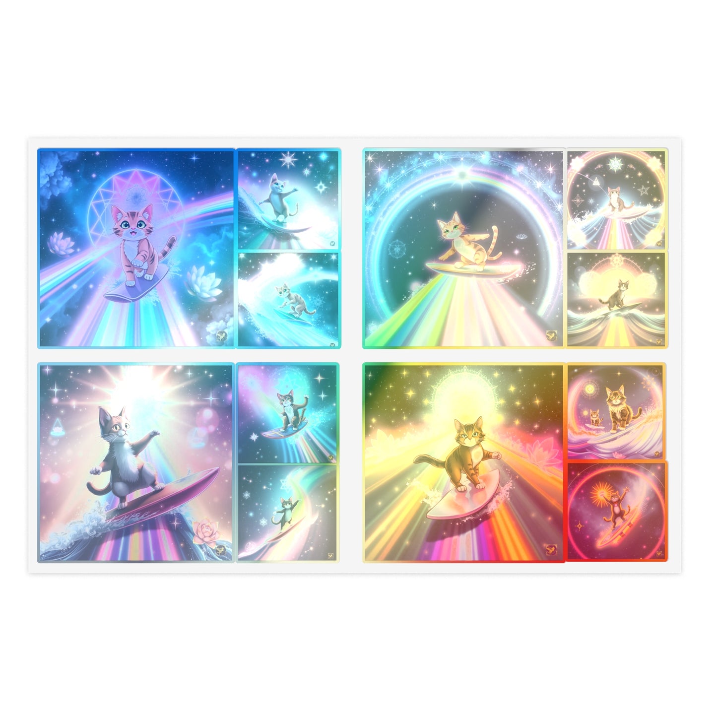 Cosmic Surfing Cat Sticker Sheets (6" x 4") — Rainbow Lotus Light Sacred Geomtry Galaxy Cat Decals by Divine Arts
