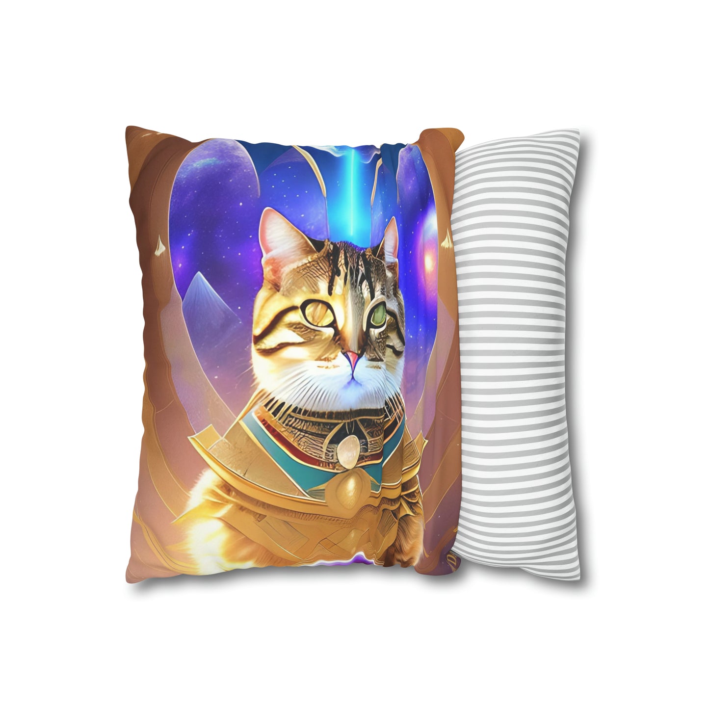 Divine Arts Faux Suede Double-Sided Square Pillow Case in Four Sizes - Fantasy Galaxy Space Cat Lover Male Brown Tabby Cat with Heterochromia in Ornate Golden Armor with Light Blue Hydroplasma Light Beam from Crown Chakra Merkaba Pillow Cover