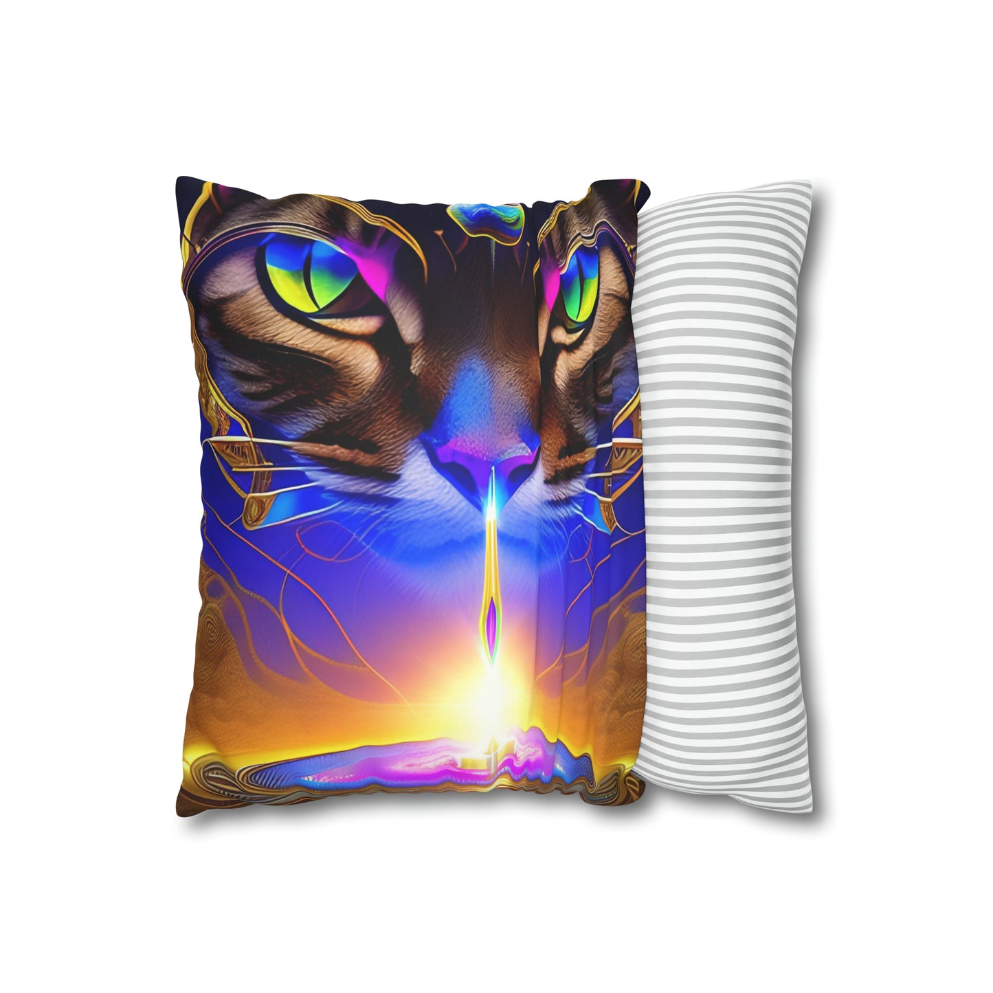 Divine Arts Faux Suede Double-Sided Art Square Pillow Case in Four Sizes - Fantasy Galaxy Space Cat Lover Male Brown Tabby Cat with Ornate Golden Face Armor and Magenta Crystal Wielding the Merkaba Pillow Cover