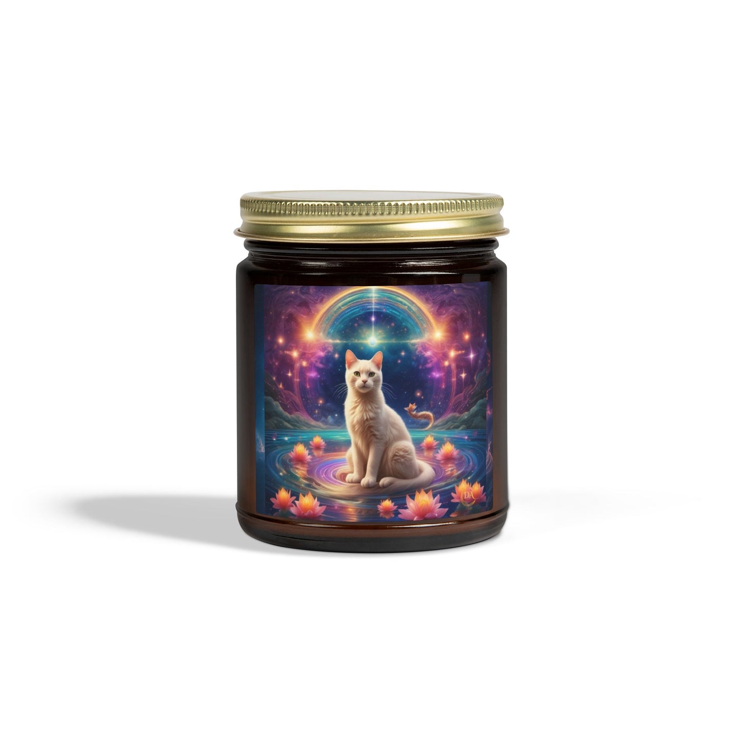 Premium Coconut Apricot Wax Scented Candles, Various Floral & Spice Fragrances (4oz), Spiritual Christmas Holiday Cat Lover Pet Gift, White Brown Cat in Sparkling Rainbow Lotus Field Pool, Fantasy Galaxy Space Cat Art , by Divine Arts