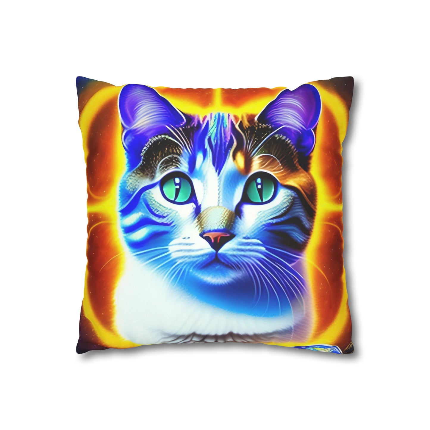 Divine Arts Faux Suede Double-Sided Square Pillow Case - Fantasy Galaxy Space Cat Lover  Large Close Up View of the Face of a Female Brown Tabby Cat with Green Eyes With a Pulsing Yellow Orange Aura From Weilding the Merkaba Pillow Cover in Four Sizes