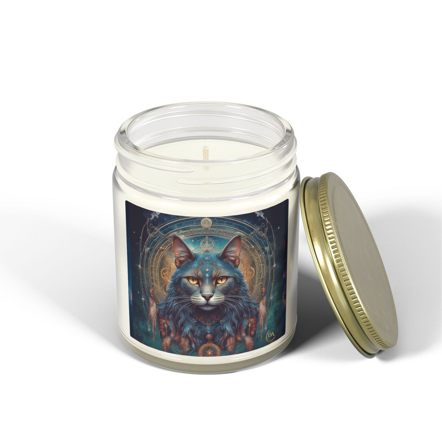 Premium Coconut Apricot Wax Scented Candles, Various Floral & Spice Fragrances (4oz), Spiritual Christmas Holiday Cat Lover Pet Gift, Gray Cat Galaxy Space Fantasy Tribal Art, by Divine Arts