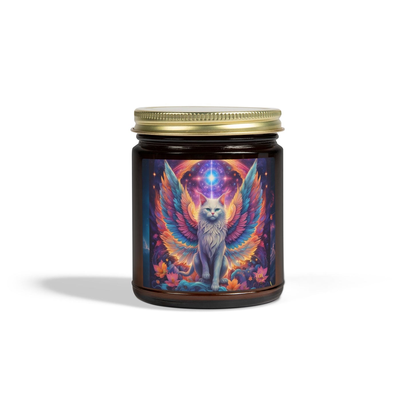 Premium Coconut Apricot Wax Scented Candles, Various Floral & Spice Fragrances (4oz), Spiritual Christmas Holiday Cat Lover Pet Gift, Galaxy Space White Angel Cat Art, by Divine Arts