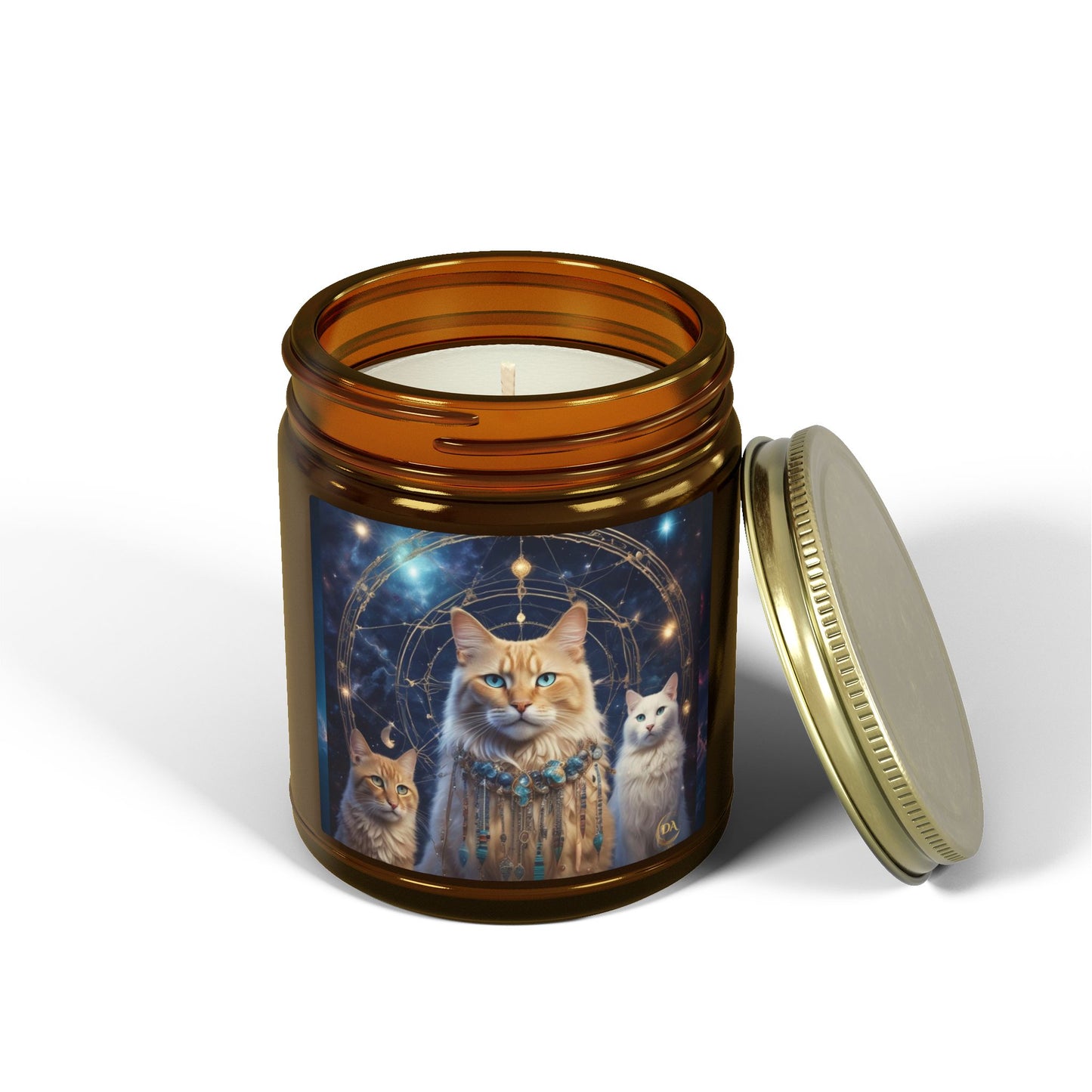 Premium Coconut Apricot Wax Scented Candles, Various Floral & Spice Fragrances (4oz), Spiritual Christmas Holiday Cat Lover Pet Gift, Ginger & White Cats Galaxy Space Fantasy Tribal Art, by Divine Arts