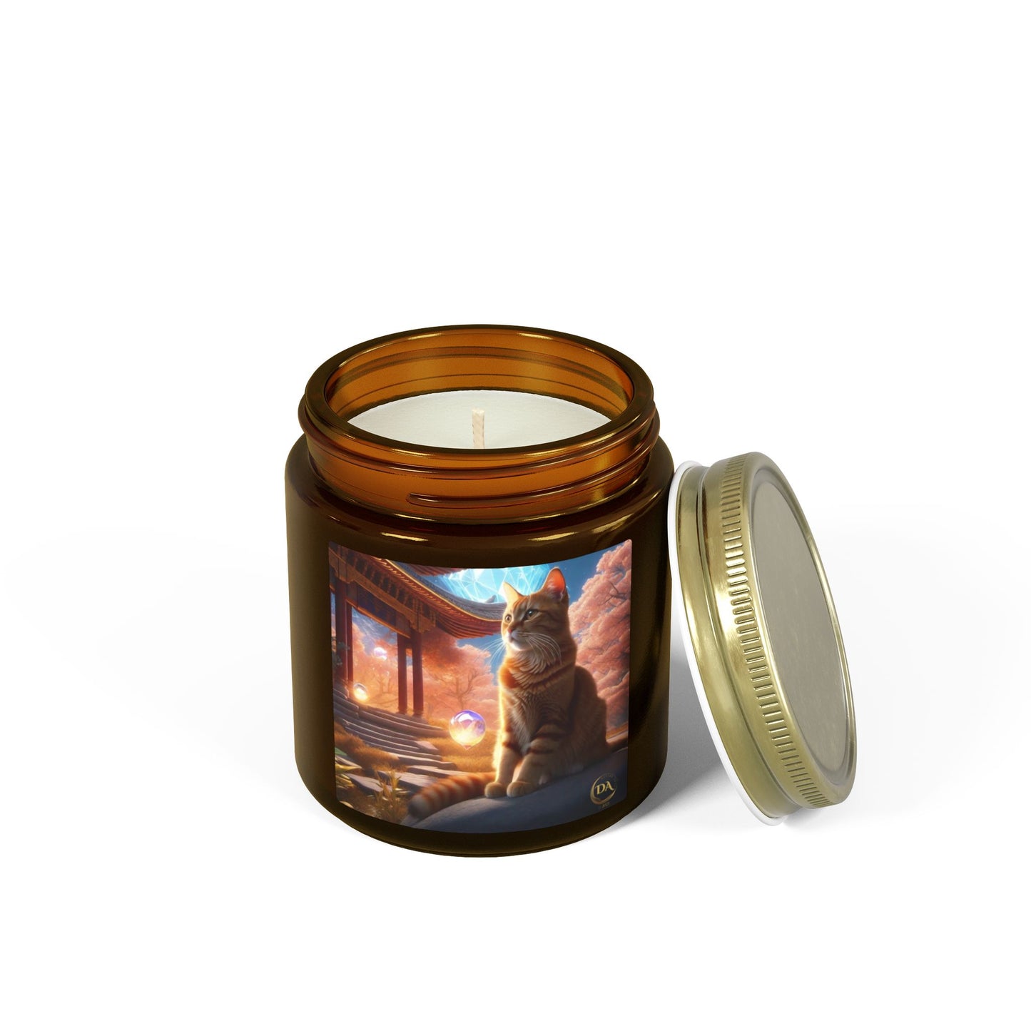 Premium Coconut Apricot Wax Scented Candles, Various Floral & Spice Fragrances (4oz), Spiritual Christmas Holiday Cat Lover Pet Gift, Ginger Tabby Cat Buddhist Diamond Sutra Temple Art, by Divine Arts