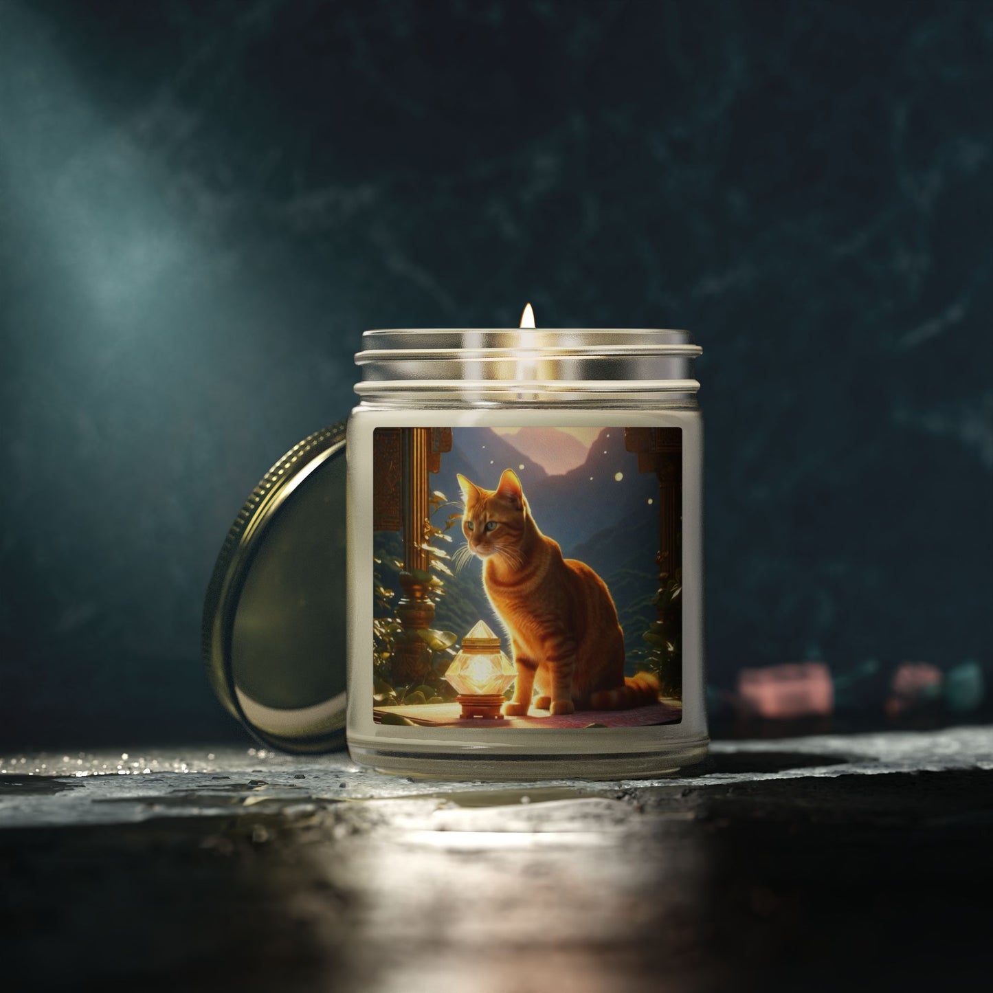 Premium Coconut Apricot Wax Scented Candles, Various Floral & Spice Fragrances (4oz), Spiritual Christmas Holiday Cat Lover Pet Gift, Ginger Tabby Cat Buddhist Diamond Sutra Temple Art, by Divine Arts