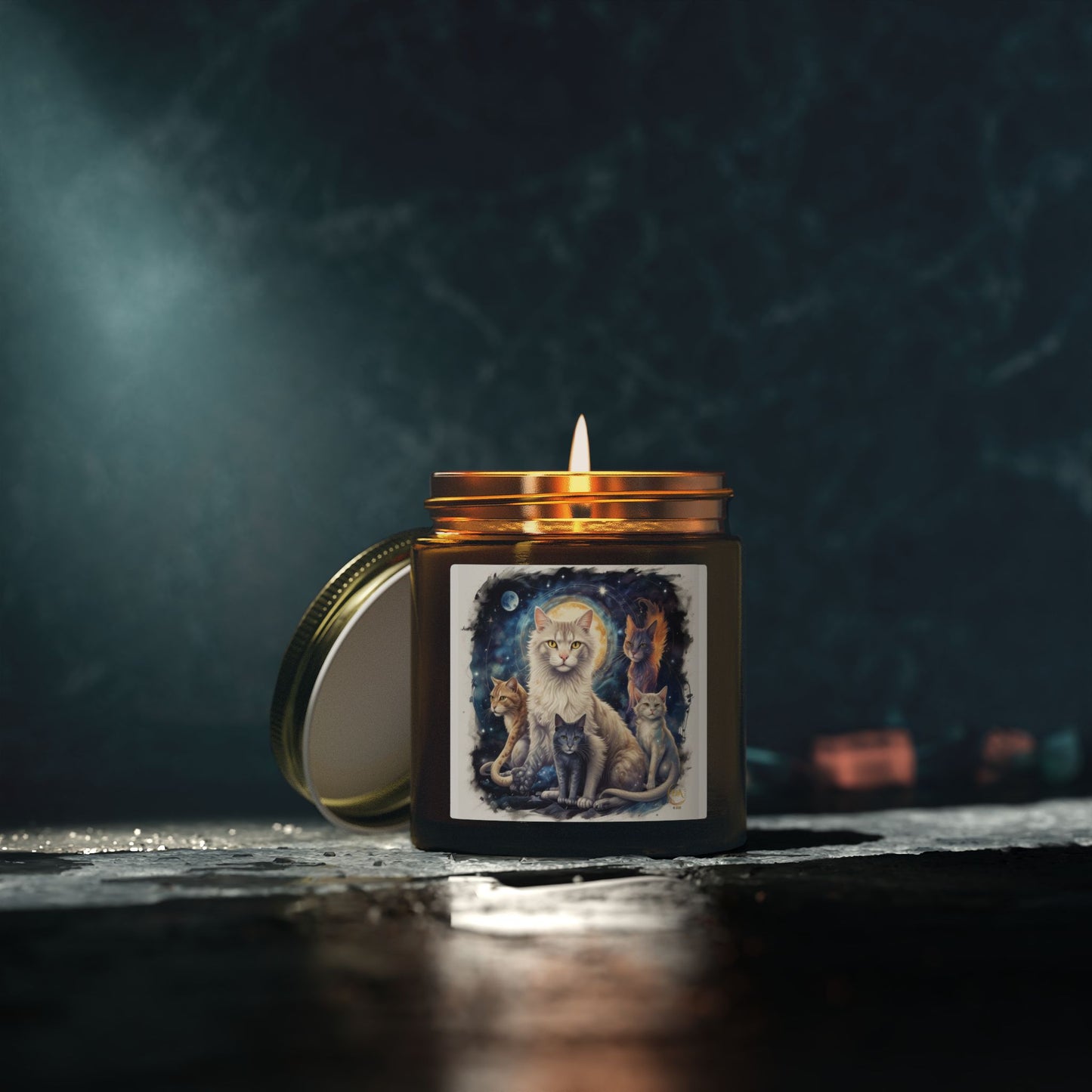 Premium Coconut Apricot Wax Scented Candles, Various Floral & Spice Fragrances (4oz), Spiritual Christmas Holiday Cat Lover Pet Gift, Ginger, White, Gray & Brown Cats Galaxy Space Fantasy Cat Art, by Divine Arts