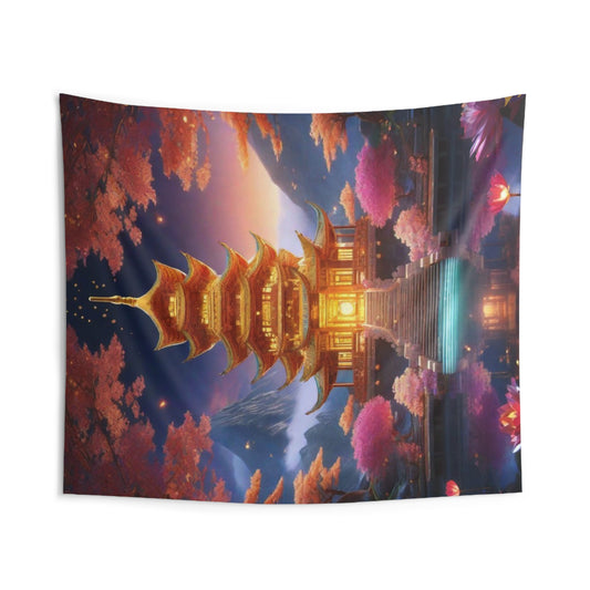 Indoor Polyester Wall Tapestry (88"X 104"), Cosmic Buddha in a Golden Aura Bubble on a Lotus Seat in Samadhi Bliss Meditation as the Cosmos Streams Above Amidst an Atmosphere of Golden Bubbles, Diamond Sutra Art, by Divine Arts