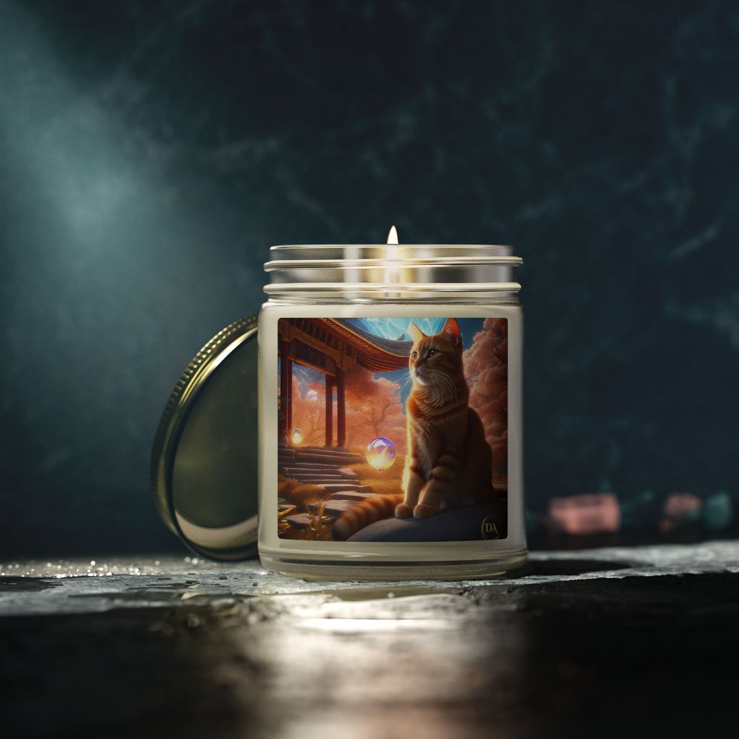 Premium Coconut Apricot Wax Scented Candles, Various Floral & Spice Fragrances (4oz), Spiritual Christmas Holiday Cat Lover Pet Gift, Ginger Tabby Cat Buddhist Diamond Sutra Temple Art, by Divine Arts