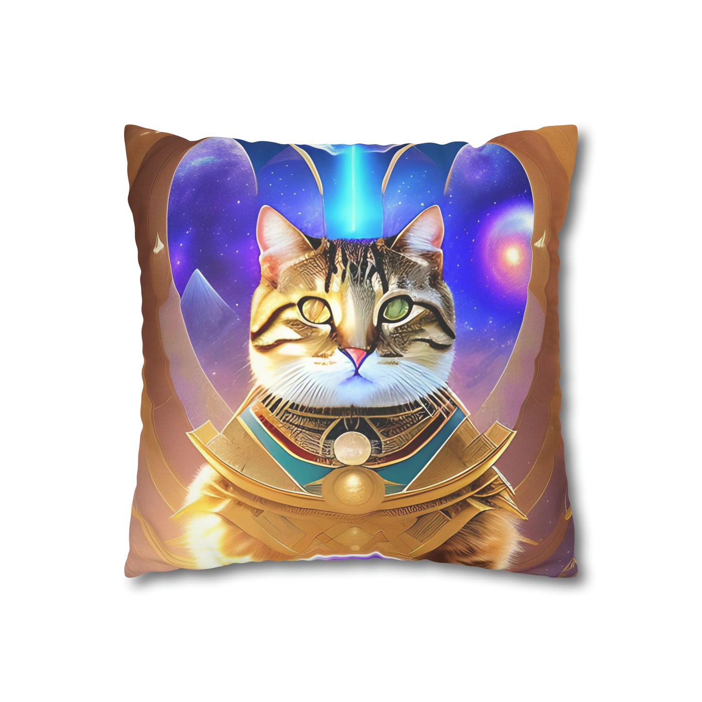 Divine Arts Faux Suede Double-Sided Square Pillow Case in Four Sizes - Fantasy Galaxy Space Cat Lover Male Brown Tabby Cat with Heterochromia in Ornate Golden Armor with Light Blue Hydroplasma Light Beam from Crown Chakra Merkaba Pillow Cover