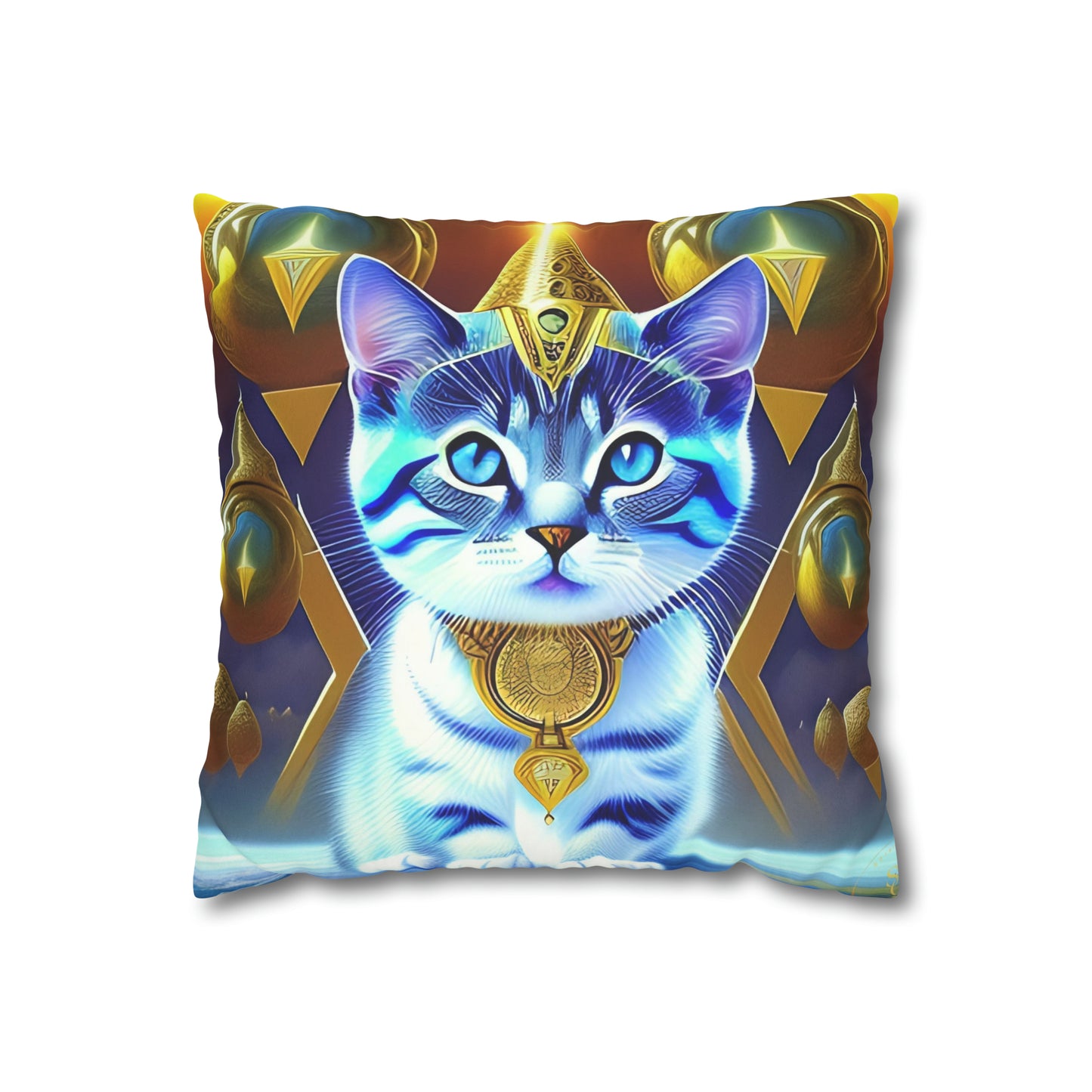 Divine Arts Faux Suede Double-Sided Square Pillow Case in Four Sizes - Fantasy Galaxy Space Cat Lover Male Gray and White Tabby Kitten with Blue Eyes in Golden Merkaba Chamber Wielding the Merkab