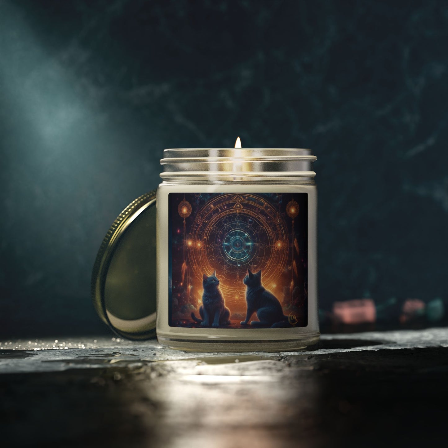 Premium Coconut Apricot Wax Scented Candles, Various Floral & Spice Fragrances (4oz), Spiritual Christmas Holiday Cat Lover Pet Gift, Black Cats Sacred Geometry Galaxy Space Fantasy Cat Art, by Divine Arts