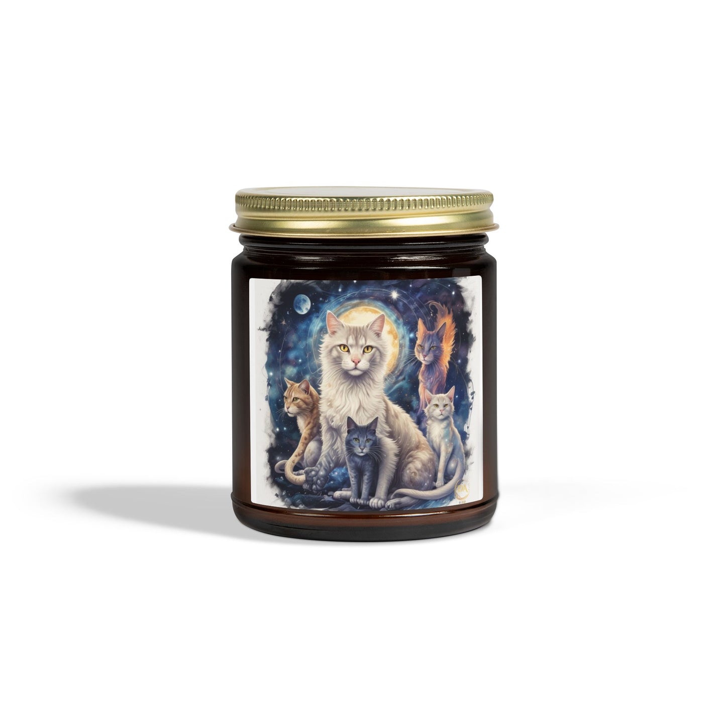 Premium Coconut Apricot Wax Scented Candles, Various Floral & Spice Fragrances (4oz), Spiritual Christmas Holiday Cat Lover Pet Gift, Ginger, White, Gray & Brown Cats Galaxy Space Fantasy Cat Art, by Divine Arts