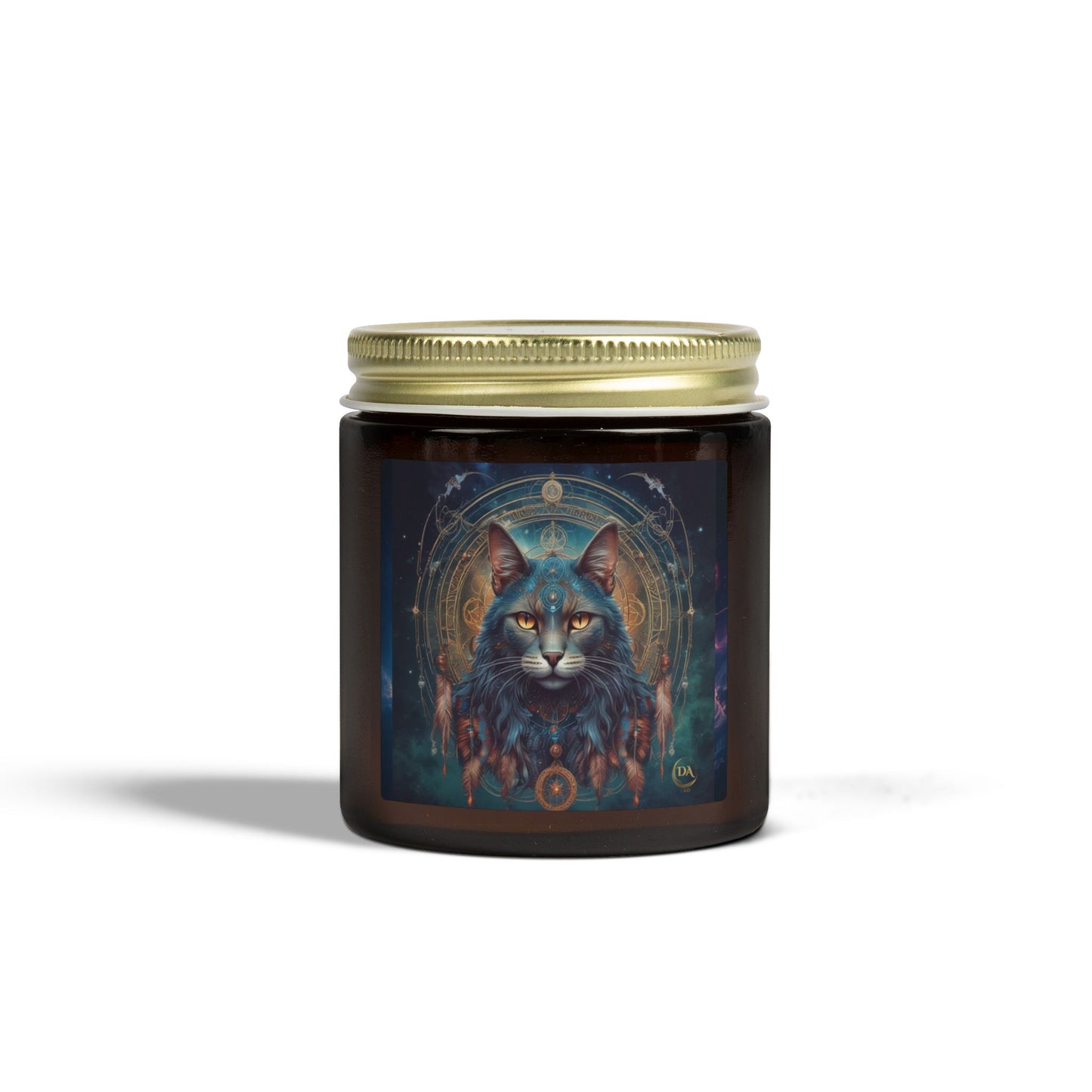 Premium Coconut Apricot Wax Scented Candles, Various Floral & Spice Fragrances (4oz), Spiritual Christmas Holiday Cat Lover Pet Gift, Gray Cat Galaxy Space Fantasy Tribal Art, by Divine Arts