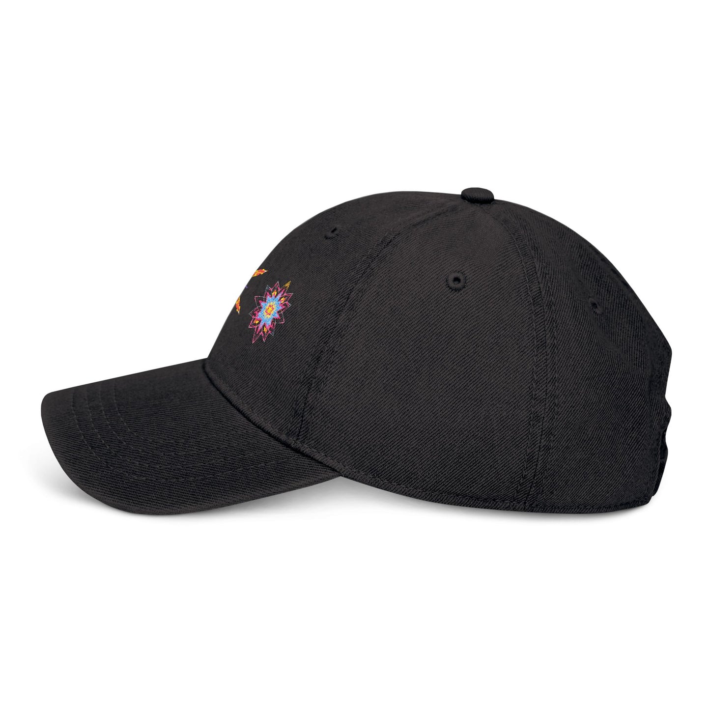 Denim Cap (Embroidery), 100% Cotton, Three Unique Embroidery Merkabas, Neon Galaxy Starry Light, Lotus Jewel Design by Divine Arts