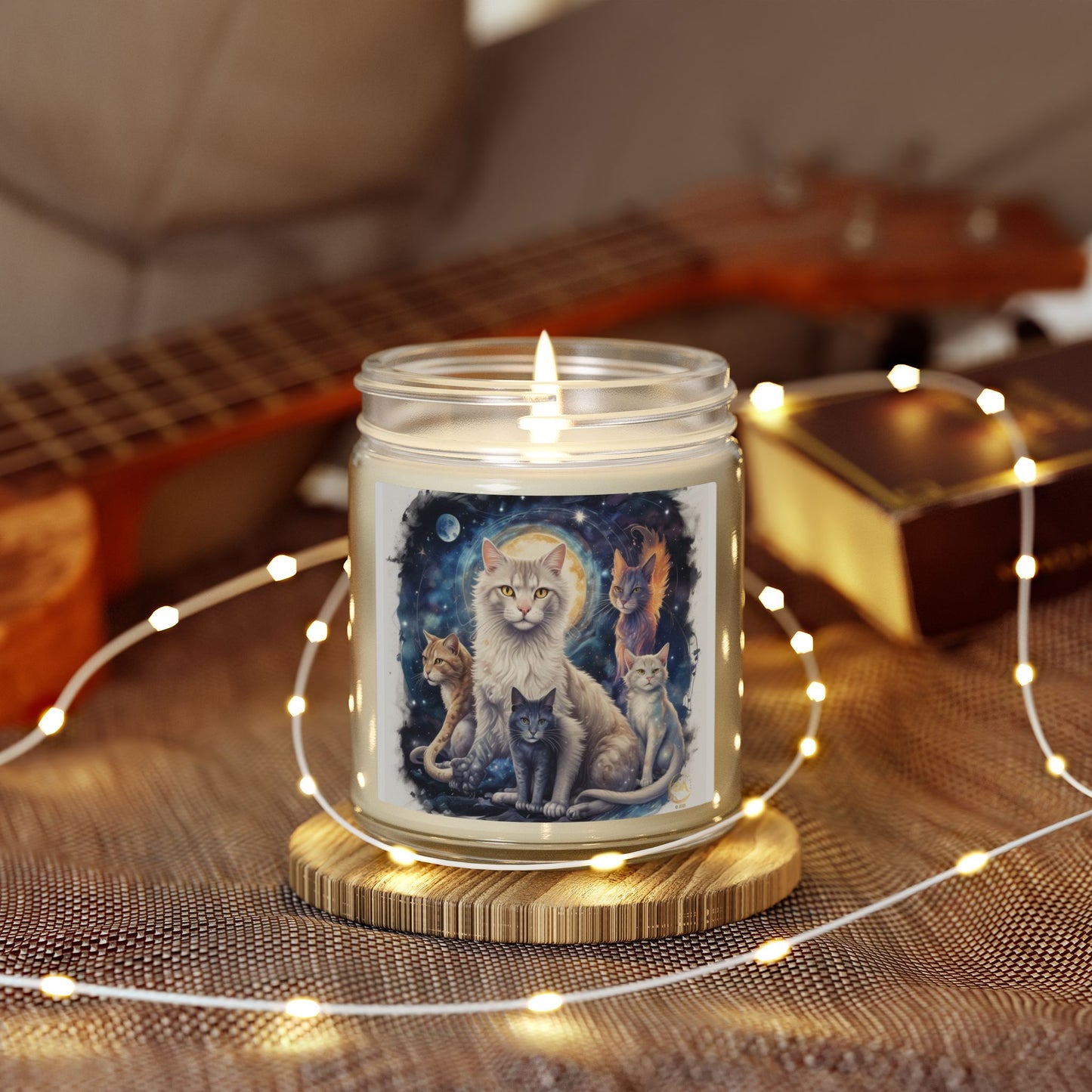 Premium Coconut Apricot Wax Scented Candles, Various Floral & Spice Fragrances (4oz), Spiritual Christmas Holiday Cat Lover Pet Gift, Ginger, White, Gray & Brown Cats Galaxy Space Fantasy Cat Art, by Divine Arts