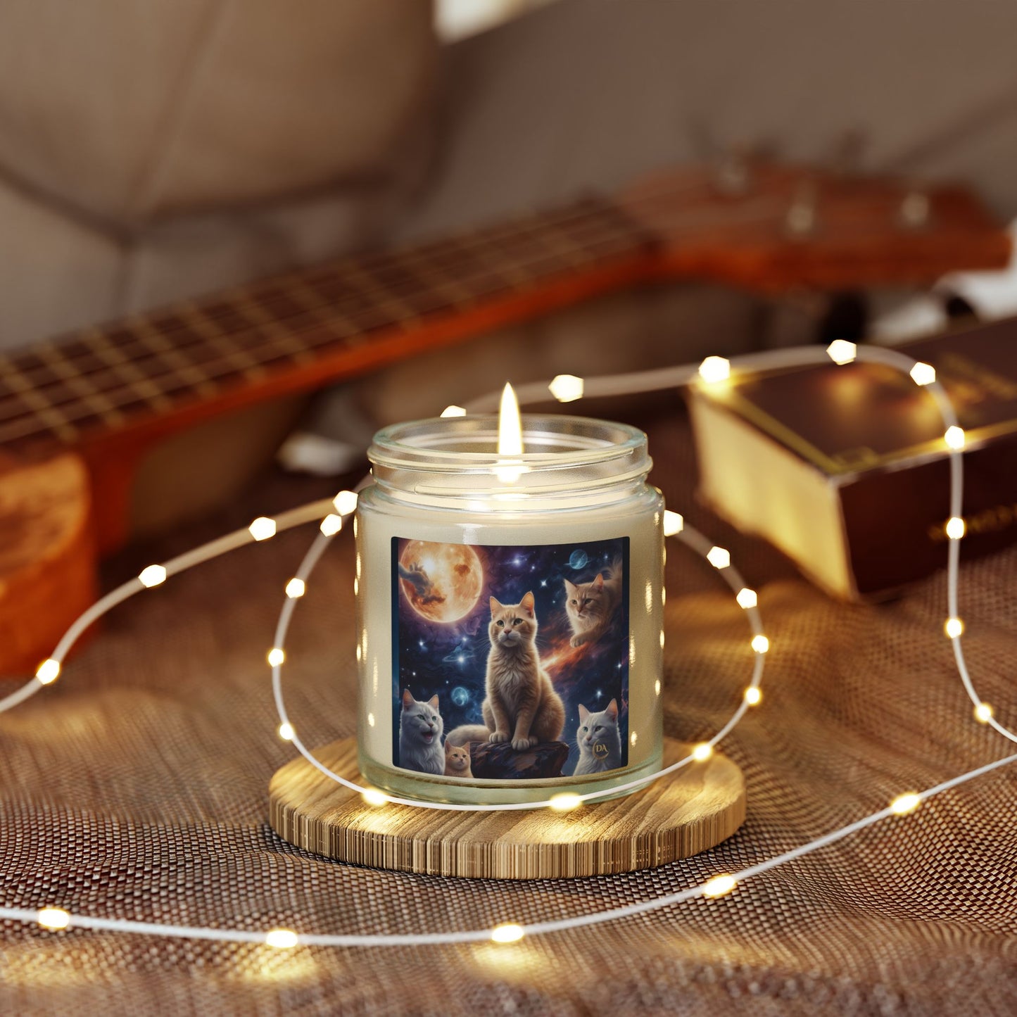 Premium Coconut Apricot Wax Scented Candles, Various Floral & Spice Fragrances (4oz), Spiritual Christmas Holiday Cat Lover Pet Gift, Ginger Tabby & White Cats Galaxy Space Fantasy Cat Art, by Divine Arts