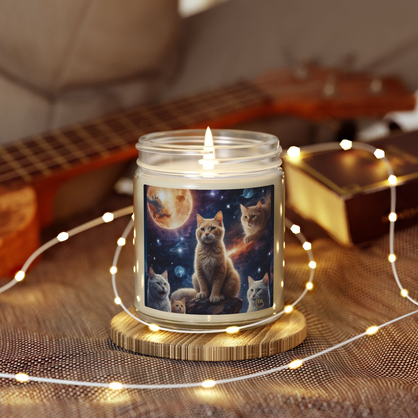 Premium Coconut Apricot Wax Scented Candles, Various Floral & Spice Fragrances (4oz), Spiritual Christmas Holiday Cat Lover Pet Gift, Ginger Tabby & White Cats Galaxy Space Fantasy Cat Art, by Divine Arts