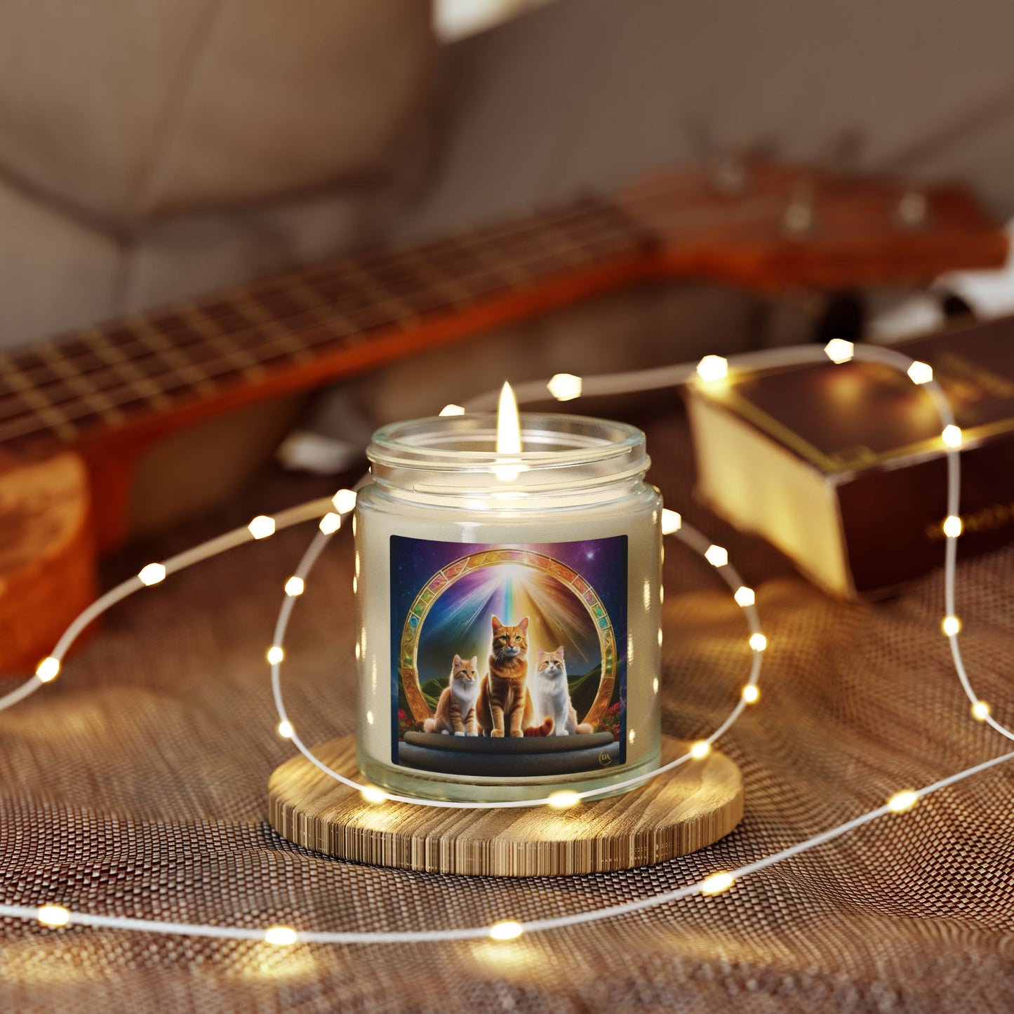 Premium Coconut Apricot Wax Scented Candles, Various Floral & Spice Fragrances (4oz), Spiritual Christmas Holiday Cat Lover Pet Gift, Ginger Tabby & White Cats Galaxy Space Fantasy Cat Art, by Divine Arts