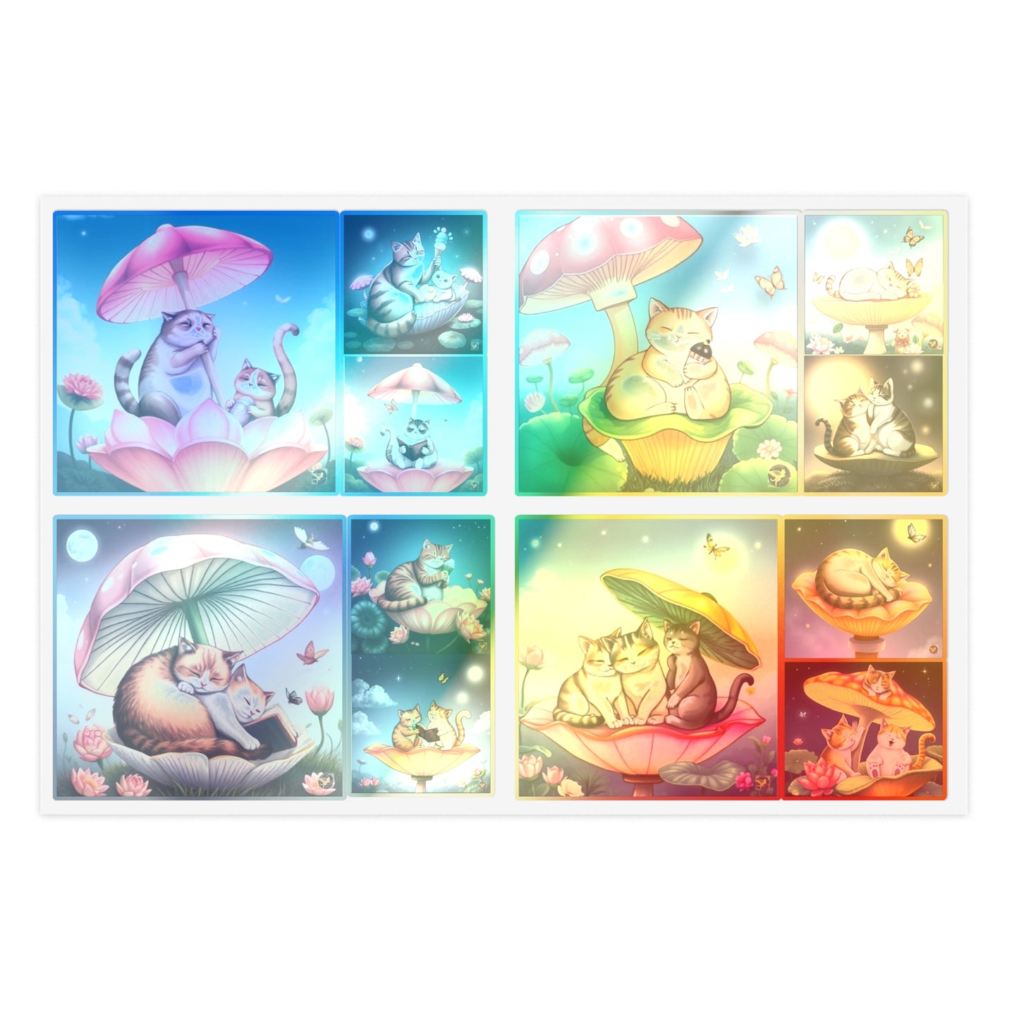 Whimsical Cat Night & Day Mushroom Lotus, Nature Bookworm Vinyl Sticker Sheets (6x4) – Cute Floral Shell Mushroom Umbrella Cap Kittens by Divine Arts