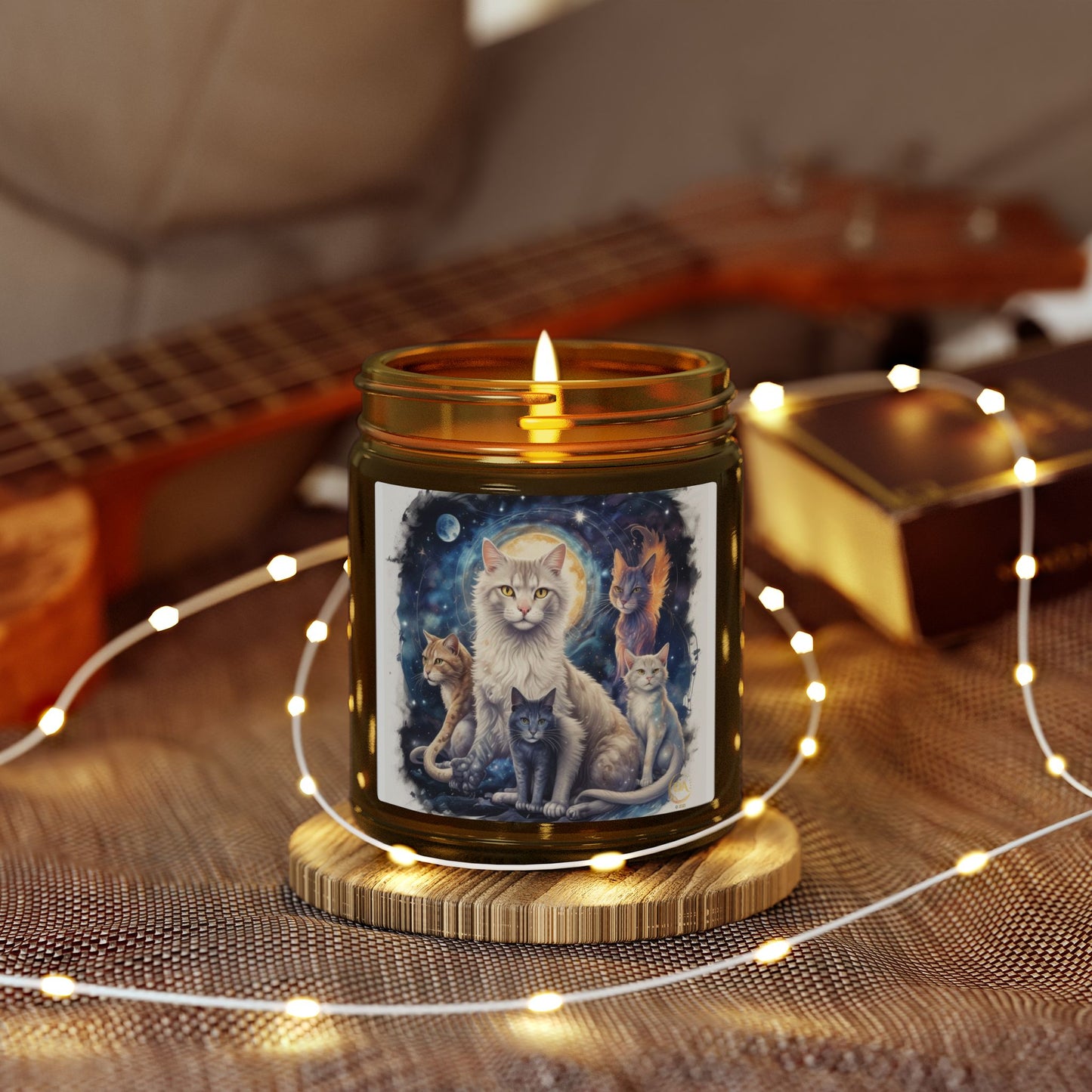 Premium Coconut Apricot Wax Scented Candles, Various Floral & Spice Fragrances (4oz), Spiritual Christmas Holiday Cat Lover Pet Gift, Ginger, White, Gray & Brown Cats Galaxy Space Fantasy Cat Art, by Divine Arts