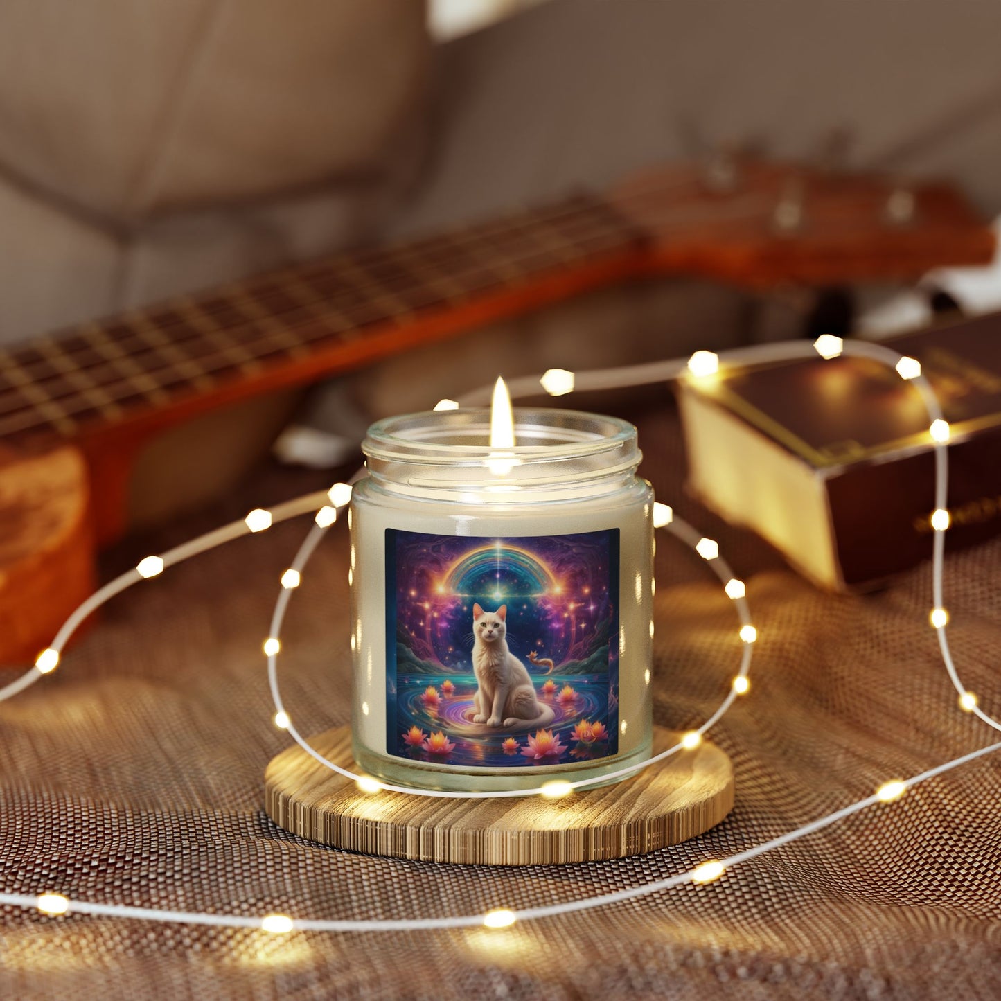 Premium Coconut Apricot Wax Scented Candles, Various Floral & Spice Fragrances (4oz), Spiritual Christmas Holiday Cat Lover Pet Gift, White Brown Cat in Sparkling Rainbow Lotus Field Pool, Fantasy Galaxy Space Cat Art , by Divine Arts
