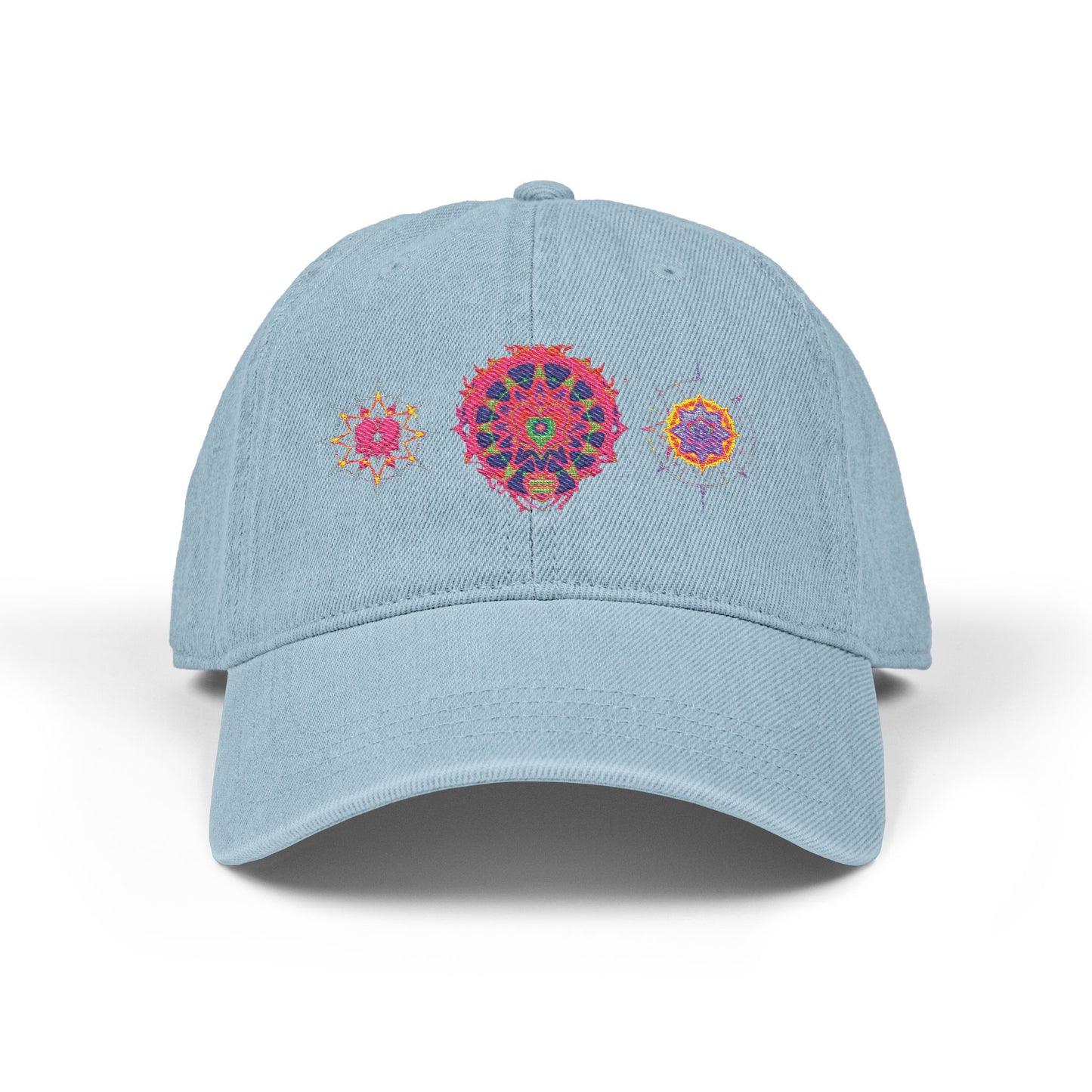 Denim Cap (Embroidery), 100% Cotton, Three Unique Embroidery Merkabas, Neon Galaxy Starry Light, Lotus Jewel Design by Divine Arts