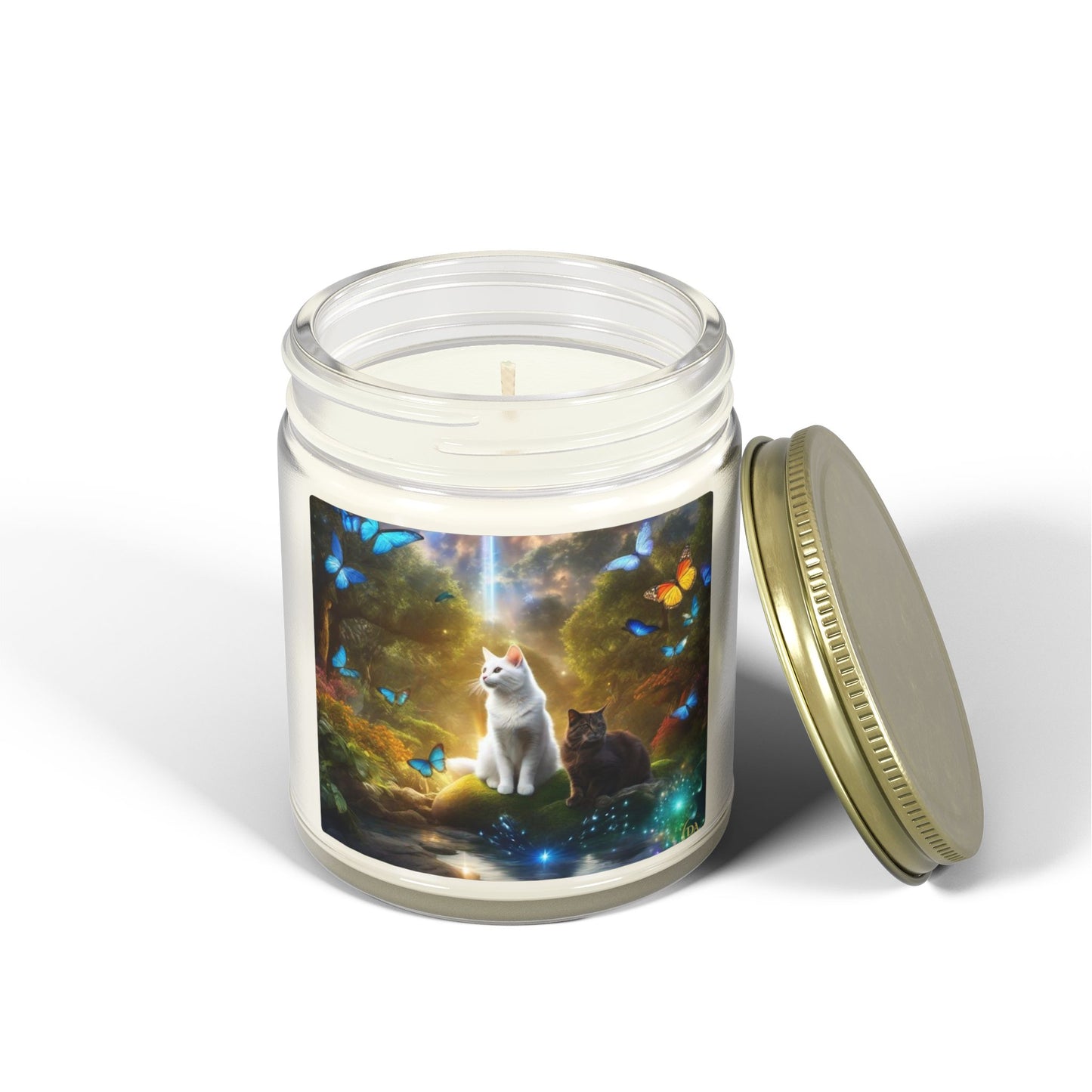 Premium Coconut Apricot Wax Scented Candles, Various Floral & Spice Fragrances (4oz), Spiritual Christmas Holiday Cat Lover Pet Gift, Black & White Cats in Nature Butterflies Scene Fairytale Fantasy Art, by Divine Arts