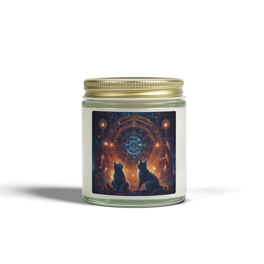 Premium Coconut Apricot Wax Scented Candles, Various Floral & Spice Fragrances (4oz), Spiritual Christmas Holiday Cat Lover Pet Gift, Black Cats Sacred Geometry Galaxy Space Fantasy Cat Art, by Divine Arts
