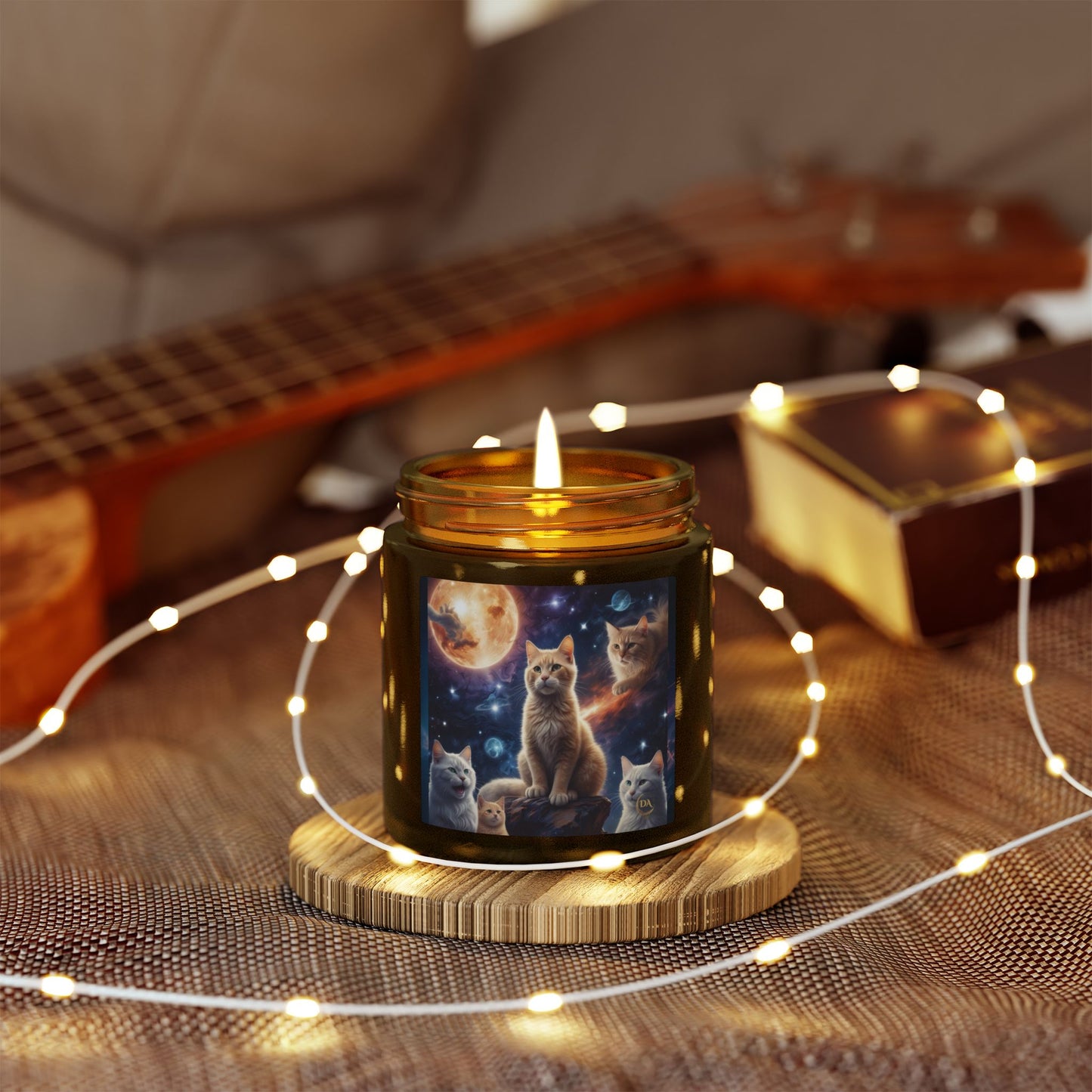 Premium Coconut Apricot Wax Scented Candles, Various Floral & Spice Fragrances (4oz), Spiritual Christmas Holiday Cat Lover Pet Gift, Ginger Tabby & White Cats Galaxy Space Fantasy Cat Art, by Divine Arts