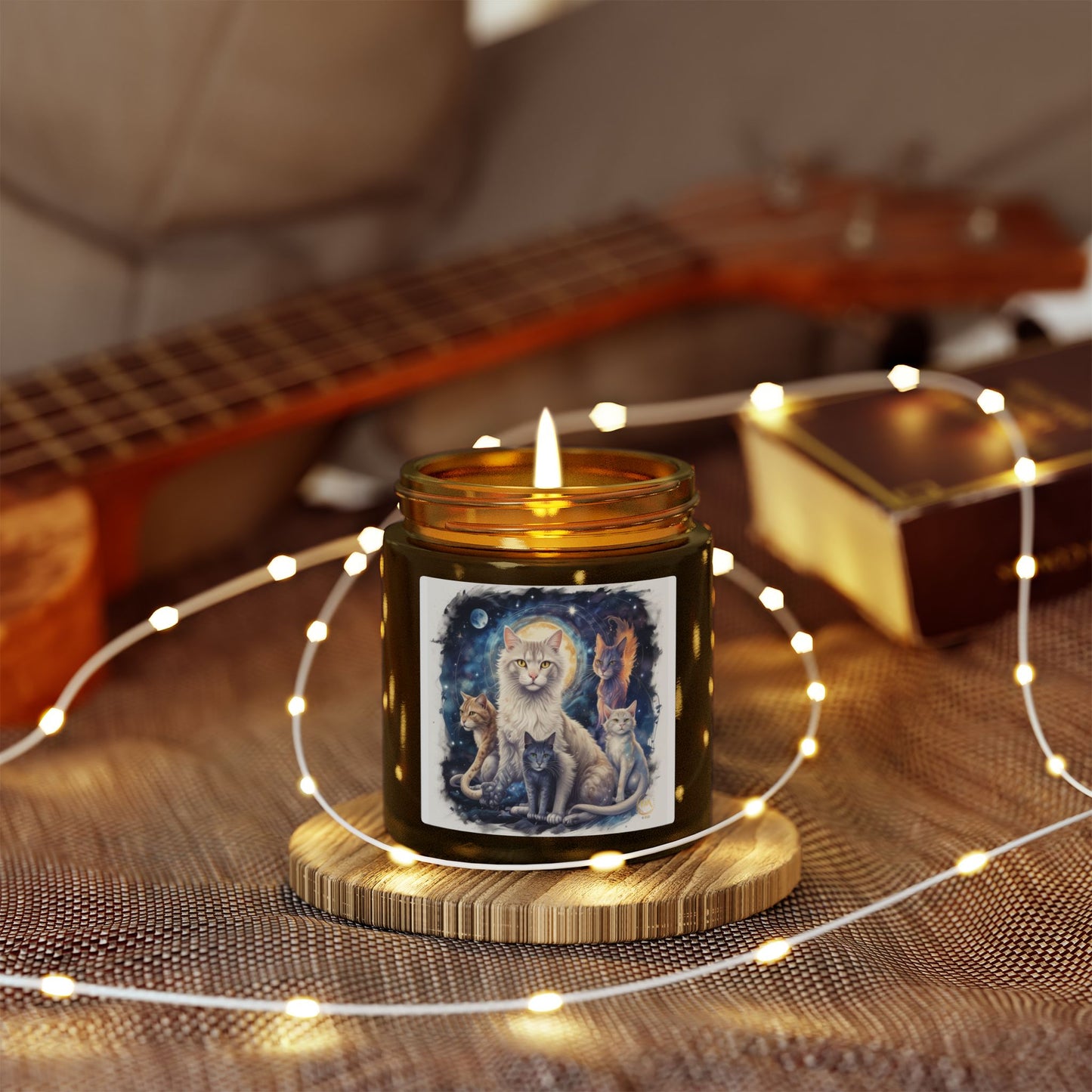 Premium Coconut Apricot Wax Scented Candles, Various Floral & Spice Fragrances (4oz), Spiritual Christmas Holiday Cat Lover Pet Gift, Ginger, White, Gray & Brown Cats Galaxy Space Fantasy Cat Art, by Divine Arts