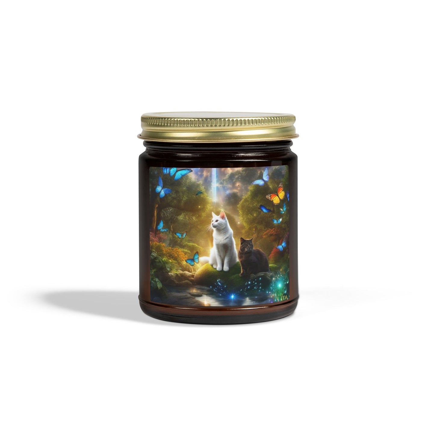 Premium Coconut Apricot Wax Scented Candles, Various Floral & Spice Fragrances (4oz), Spiritual Christmas Holiday Cat Lover Pet Gift, Black & White Cats in Nature Butterflies Scene Fairytale Fantasy Art, by Divine Arts