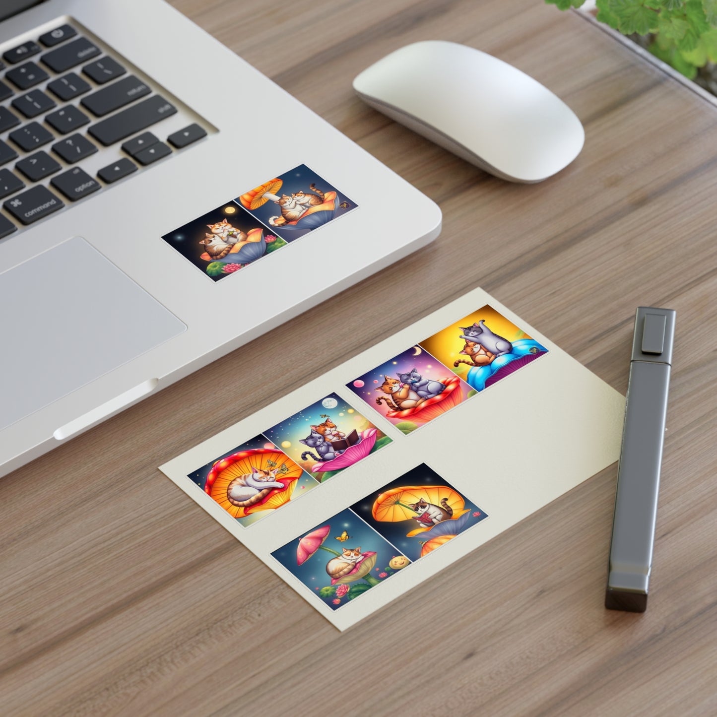 Whimsical Cat Night & Day Mushroom Lotus, Nature Bookworm Sticker Sheets (6x4) – Cute Floral Shell Mushroom Umbrella Cap Kittens by Divine Arts