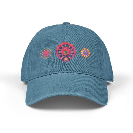 Denim Cap (Embroidery), 100% Cotton, Three Unique Embroidery Merkabas, Neon Galaxy Starry Light, Lotus Jewel Design by Divine Arts