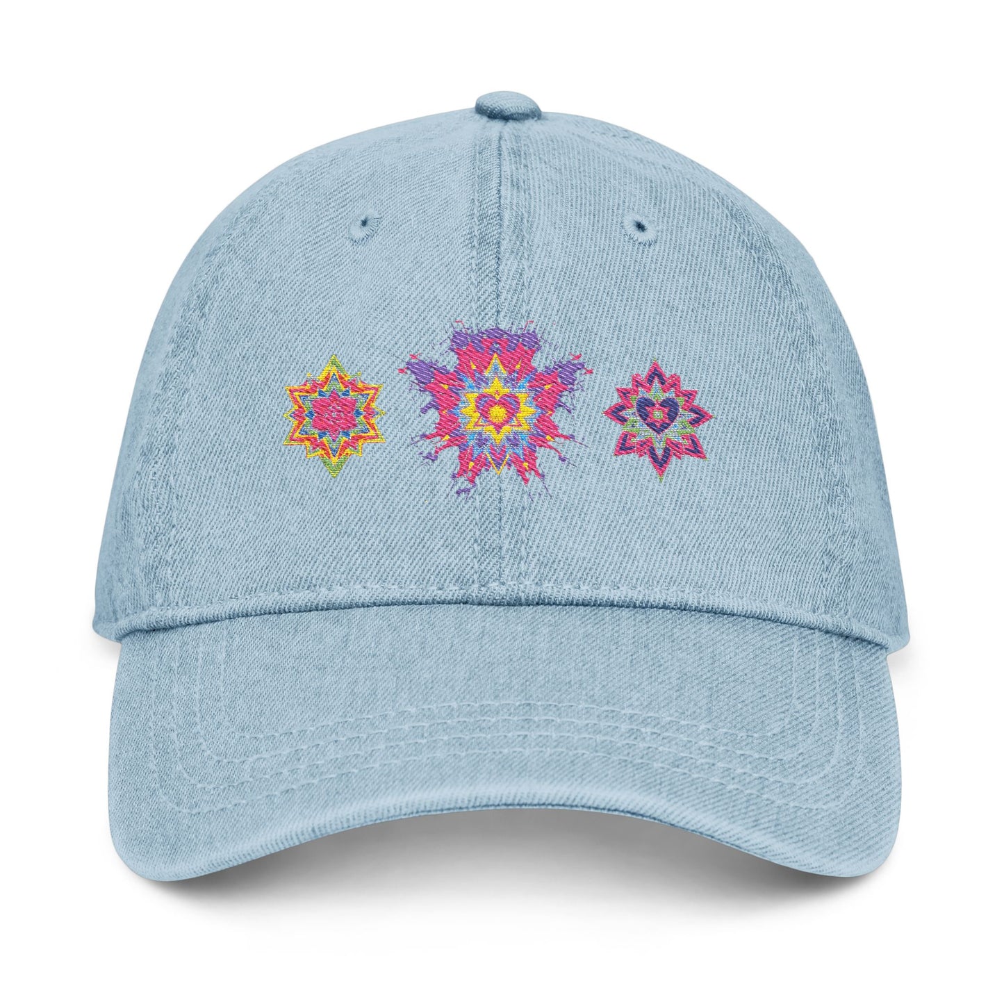 Denim Cap (Embroidery), 100% Cotton, Three Unique Embroidery Merkabas, Neon Galaxy Starry Light, Lotus Jewel Design by Divine Arts