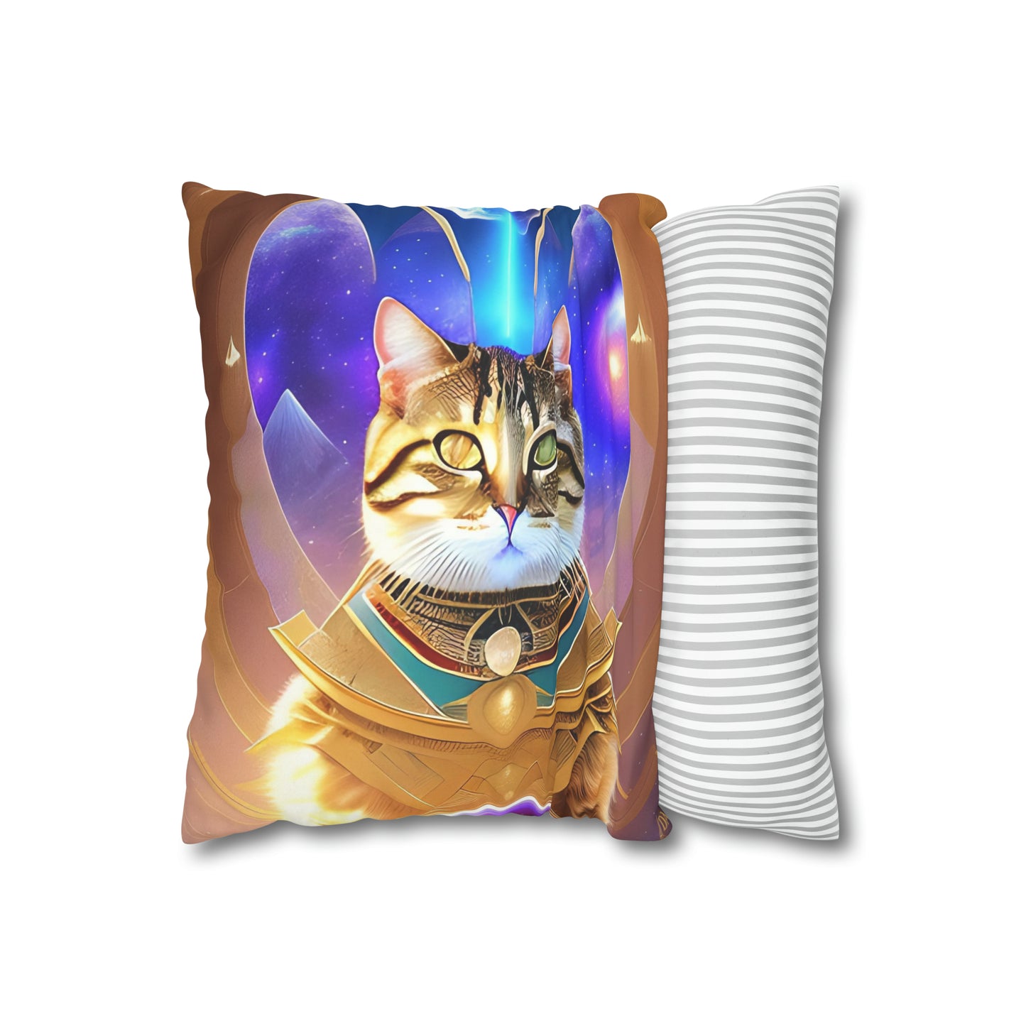 Divine Arts Faux Suede Double-Sided Square Pillow Case in Four Sizes - Fantasy Galaxy Space Cat Lover Male Brown Tabby Cat with Heterochromia in Ornate Golden Armor with Light Blue Hydroplasma Light Beam from Crown Chakra Merkaba Pillow Cover