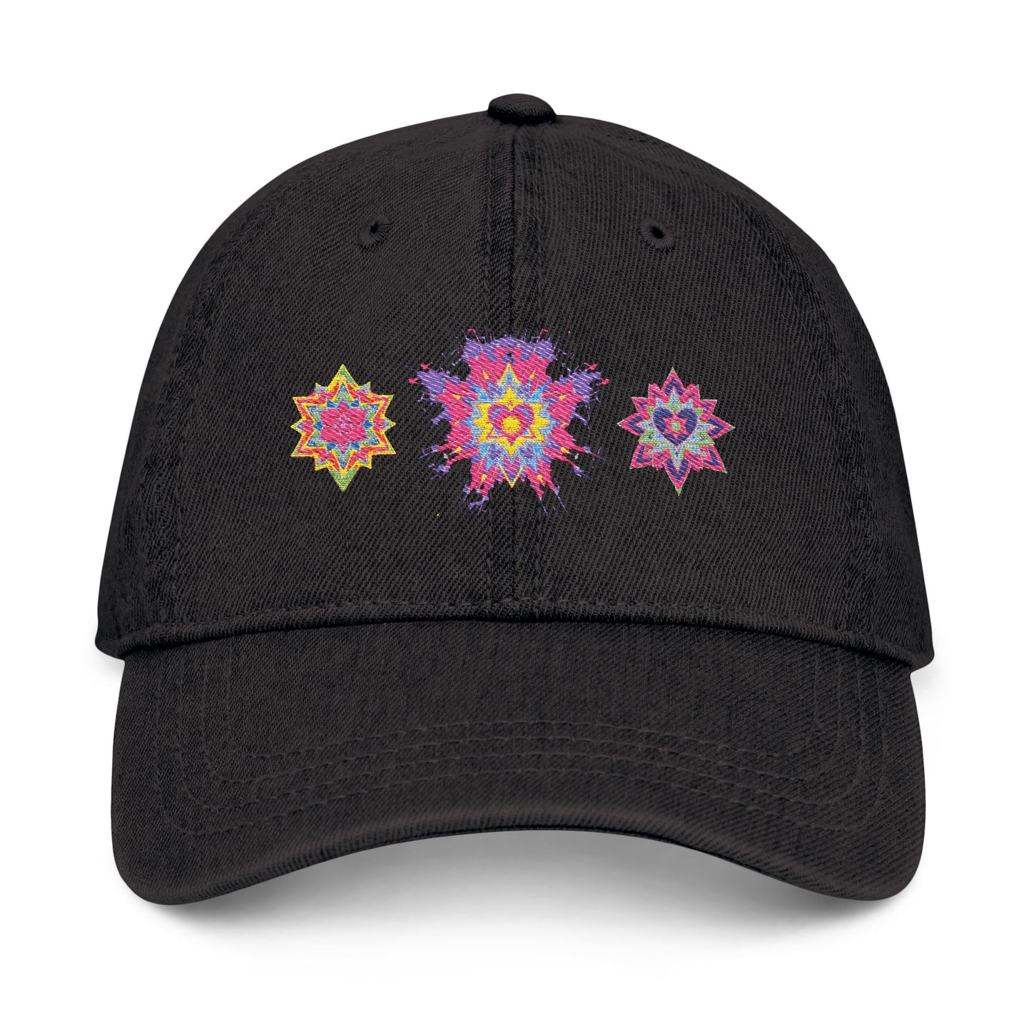 Denim Cap (Embroidery), 100% Cotton, Three Unique Embroidery Merkabas, Neon Galaxy Starry Light, Lotus Jewel Design by Divine Arts