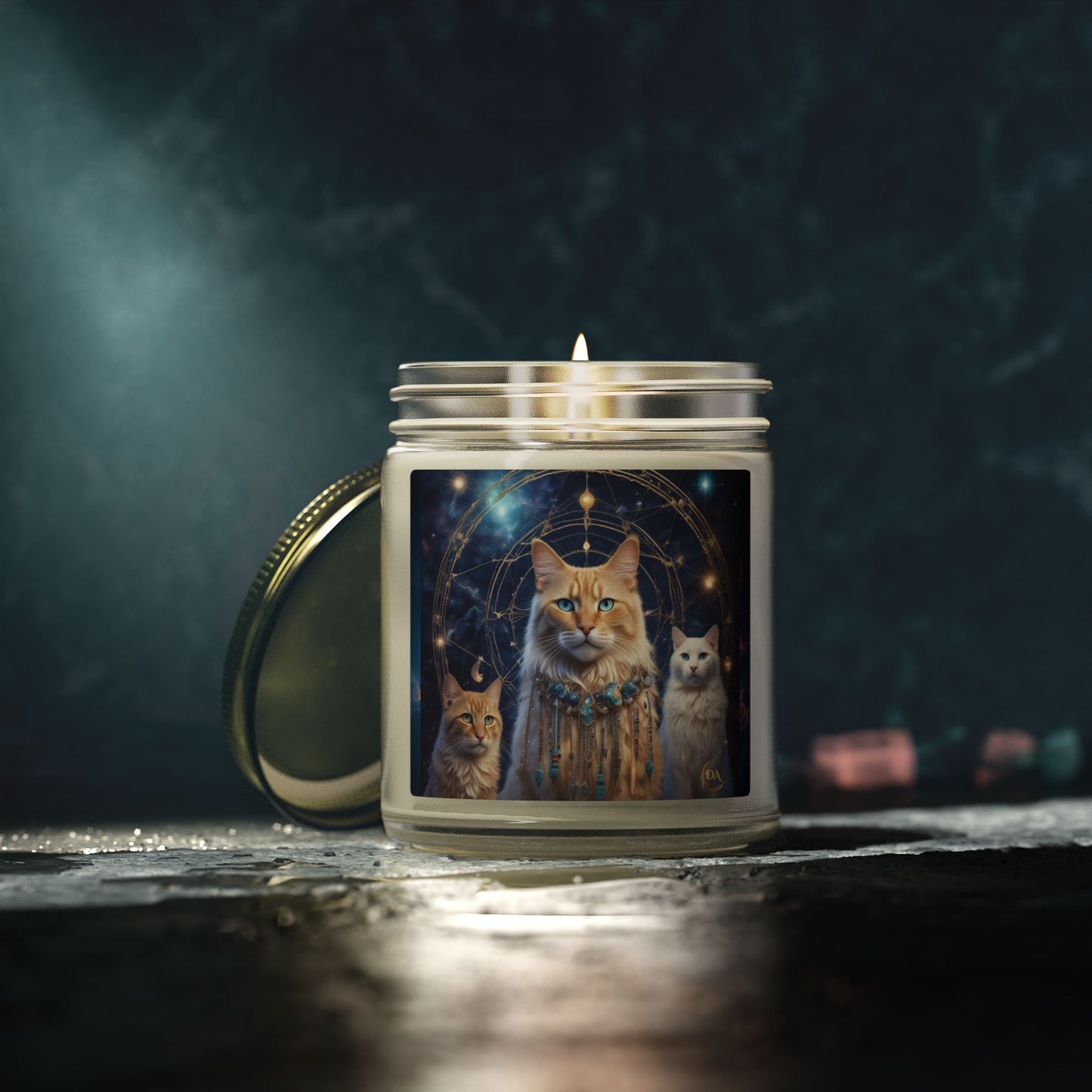 Premium Coconut Apricot Wax Scented Candles, Various Floral & Spice Fragrances (4oz), Spiritual Christmas Holiday Cat Lover Pet Gift, Ginger & White Cats Galaxy Space Fantasy Tribal Art, by Divine Arts