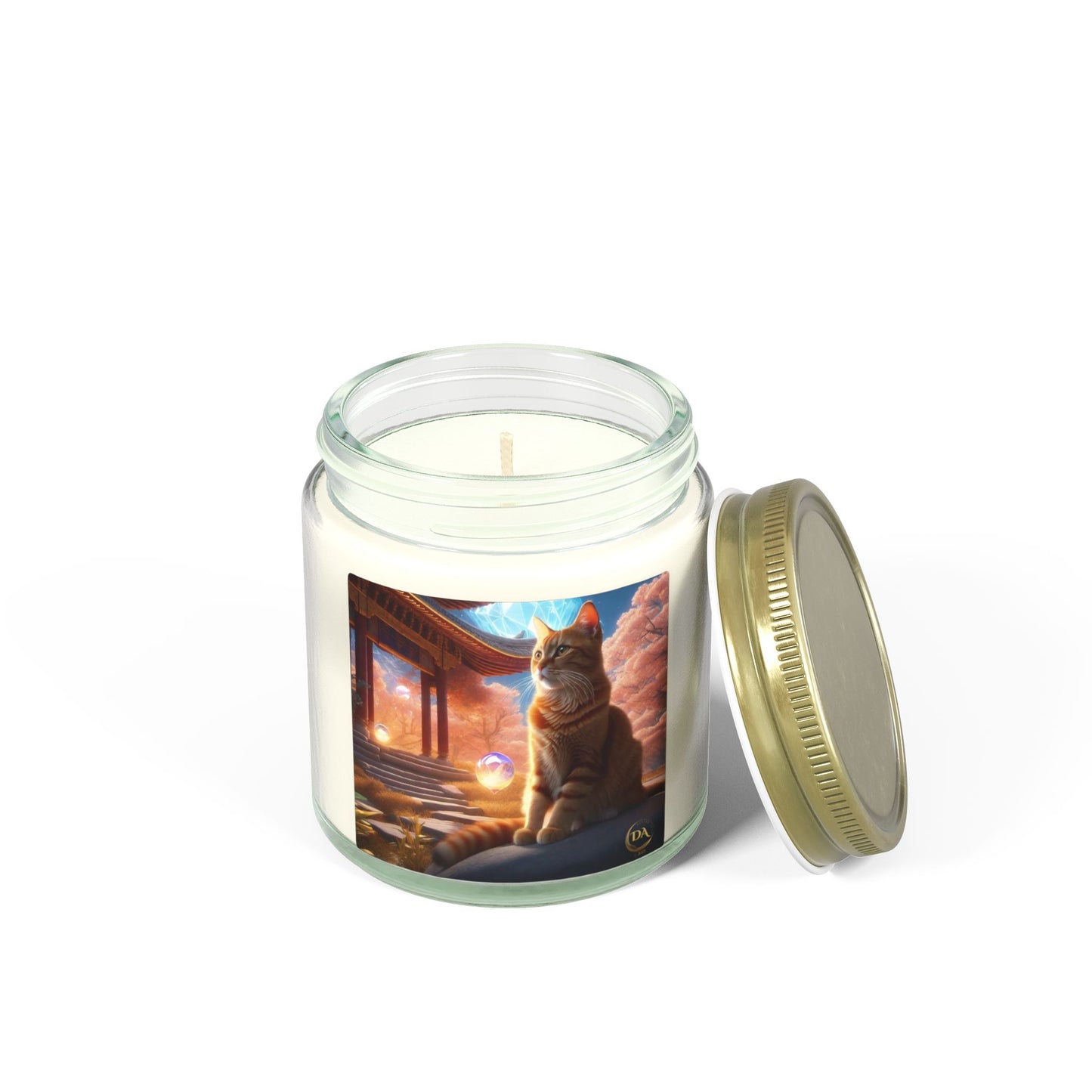 Premium Coconut Apricot Wax Scented Candles, Various Floral & Spice Fragrances (4oz), Spiritual Christmas Holiday Cat Lover Pet Gift, Ginger Tabby Cat Buddhist Diamond Sutra Temple Art, by Divine Arts