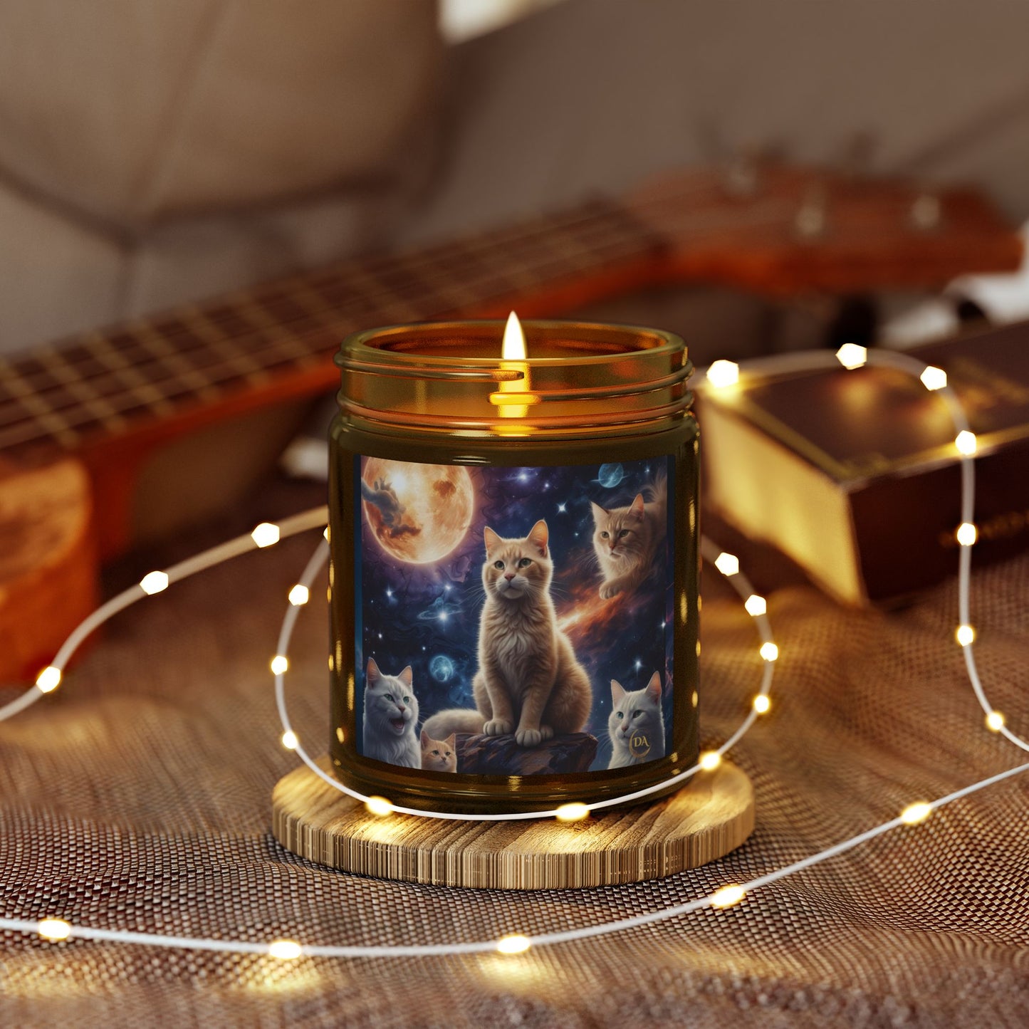 Premium Coconut Apricot Wax Scented Candles, Various Floral & Spice Fragrances (4oz), Spiritual Christmas Holiday Cat Lover Pet Gift, Ginger Tabby & White Cats Galaxy Space Fantasy Cat Art, by Divine Arts
