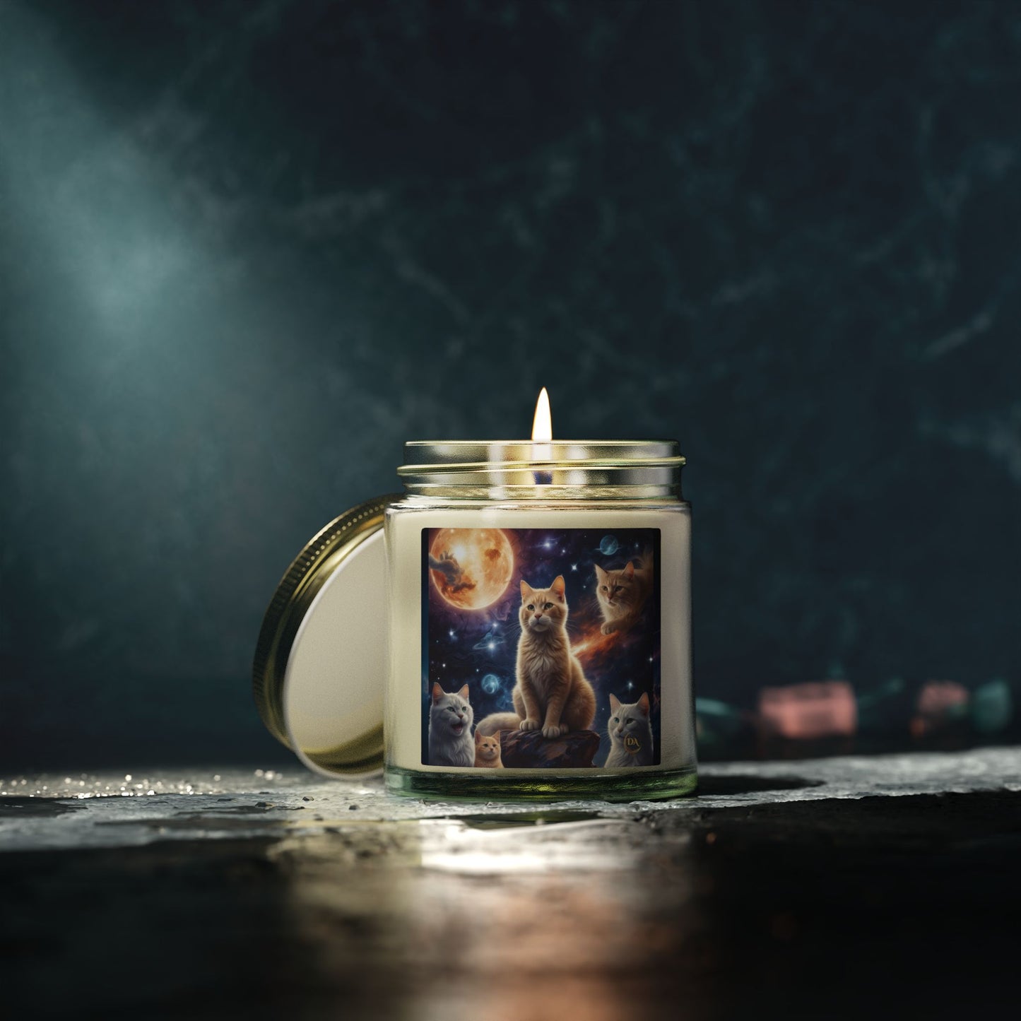 Premium Coconut Apricot Wax Scented Candles, Various Floral & Spice Fragrances (4oz), Spiritual Christmas Holiday Cat Lover Pet Gift, Ginger Tabby & White Cats Galaxy Space Fantasy Cat Art, by Divine Arts