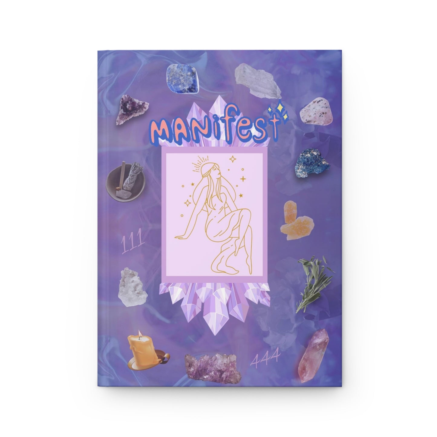 Divine Arts Hardcover Matte Journal Ruled Line Manifestation Journal- Divine Feminine Young Lady Outlined in Gold Amidst Golden Stars in Amethyst Window Surrounded by Various Colorful  Crystals and Sage on Lavendar Front and Back Cover Art