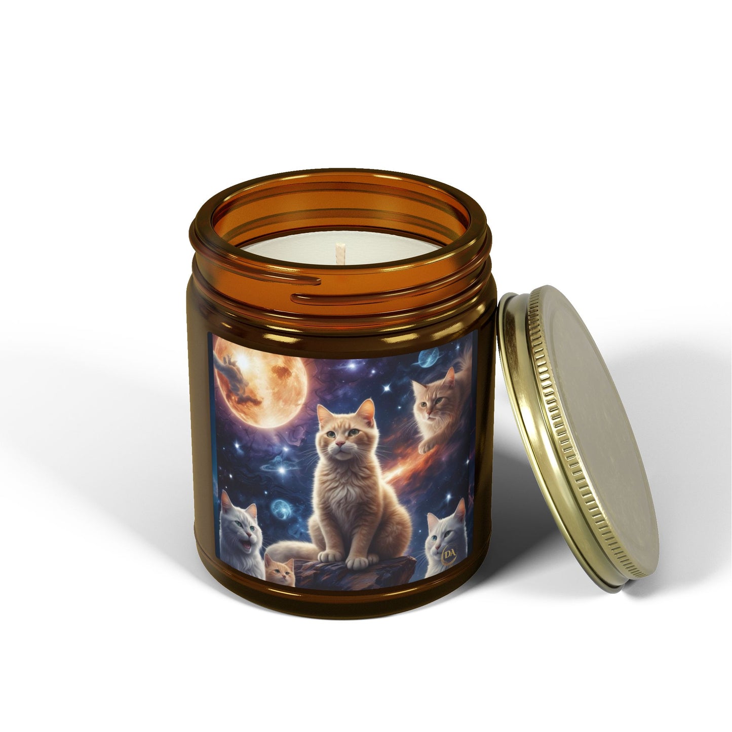 Premium Coconut Apricot Wax Scented Candles, Various Floral & Spice Fragrances (4oz), Spiritual Christmas Holiday Cat Lover Pet Gift, Ginger Tabby & White Cats Galaxy Space Fantasy Cat Art, by Divine Arts